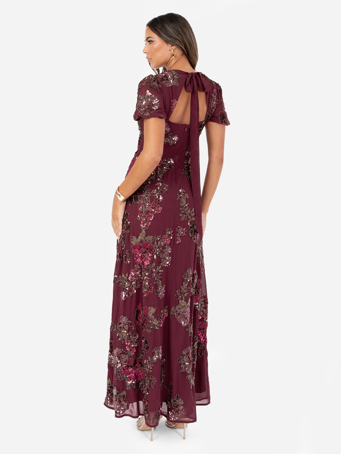 Maya Cranberry Floral Embellished Puff Sleeve & Open Back Maxi Dress