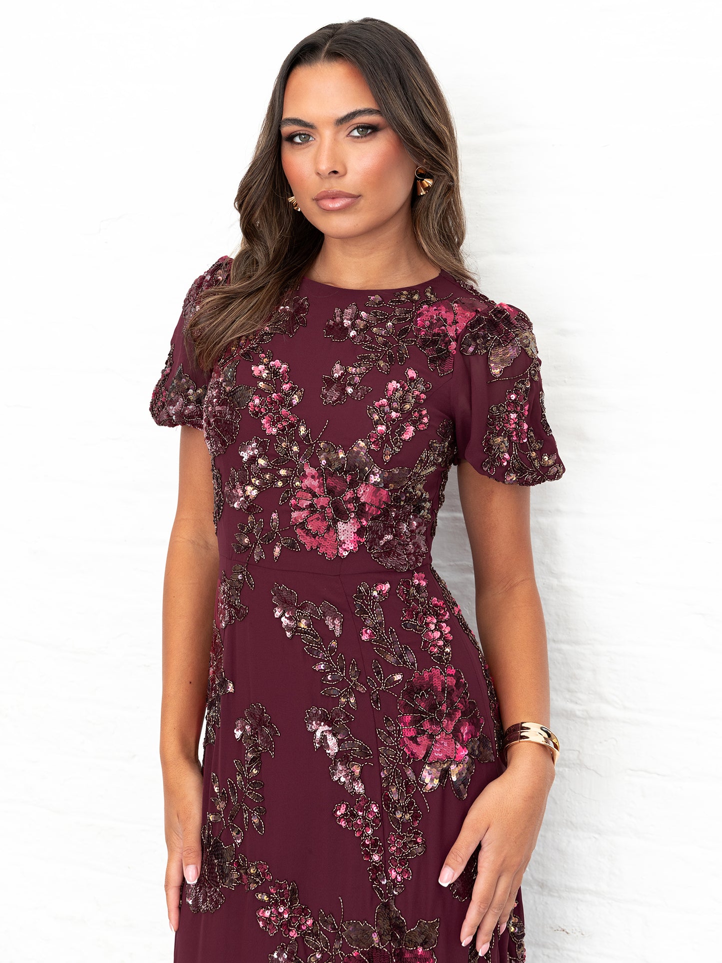 Maya Cranberry Floral Embellished Puff Sleeve & Open Back Maxi Dress