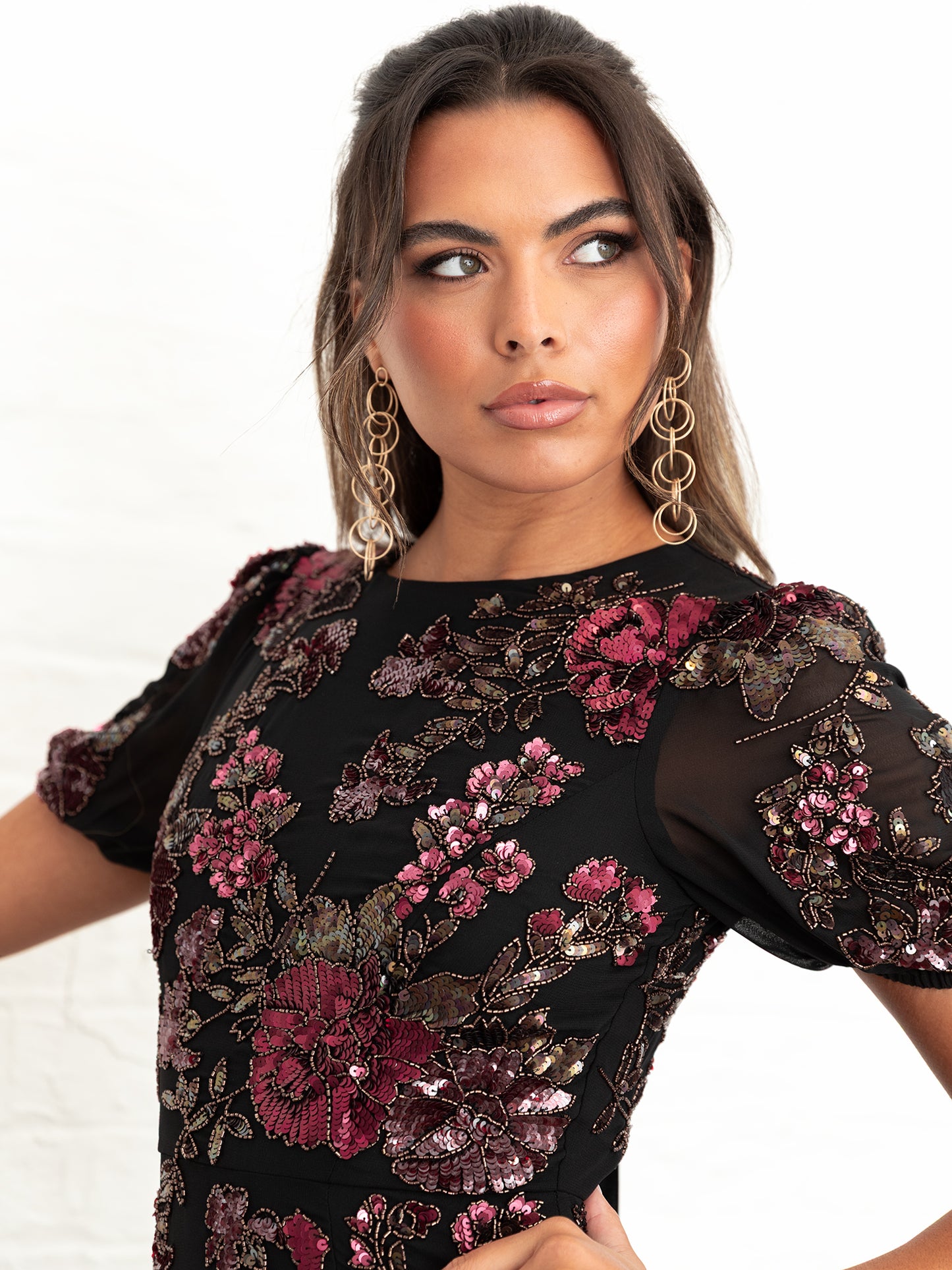 Maya Black Floral Embellished Puff Sleeve & Open Back Maxi Dress