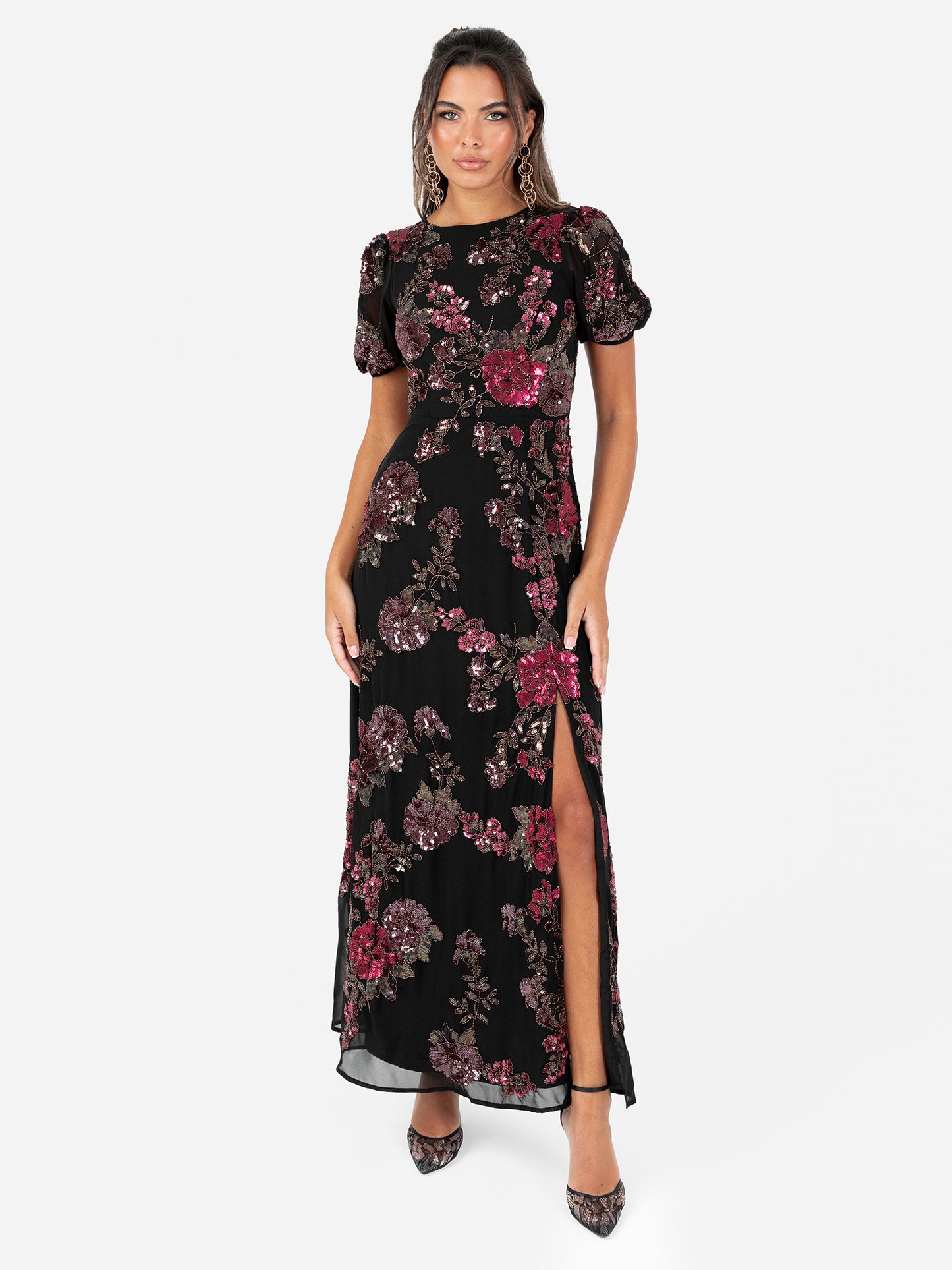 Maya Black Floral Embellished Puff Sleeve & Open Back Maxi Dress