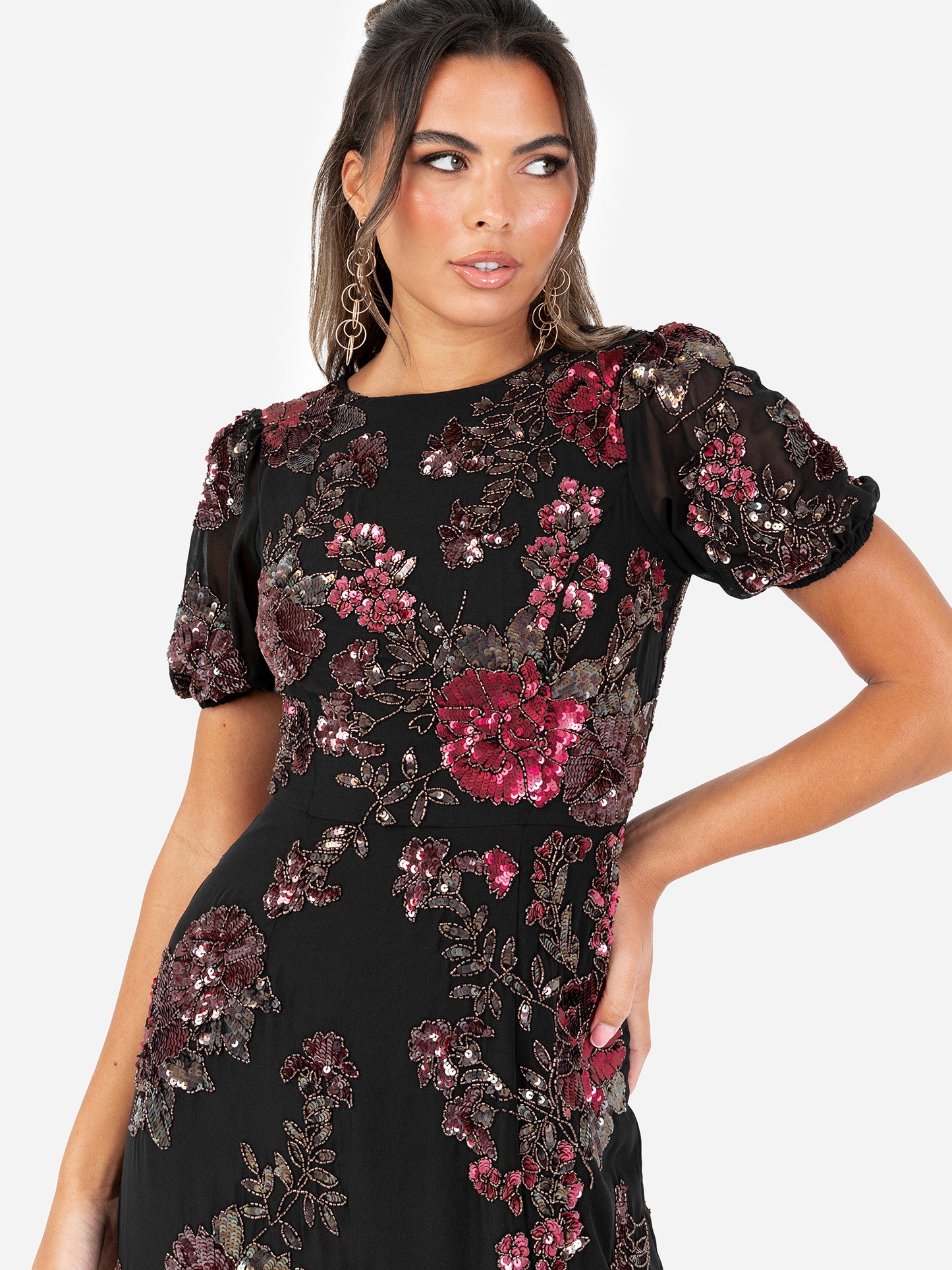 Maya Black Floral Embellished Puff Sleeve & Open Back Maxi Dress