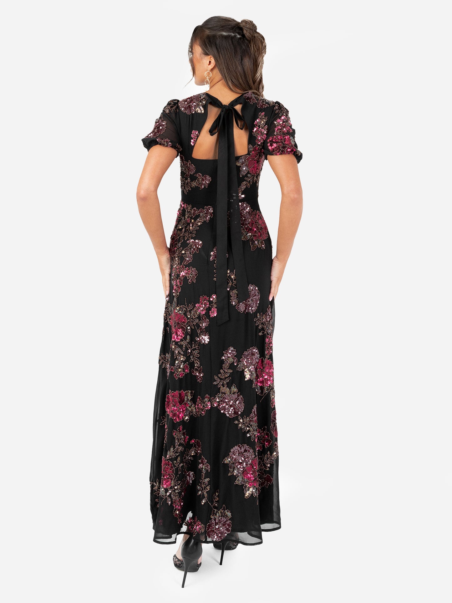 Maya Black Floral Embellished Puff Sleeve & Open Back Maxi Dress
