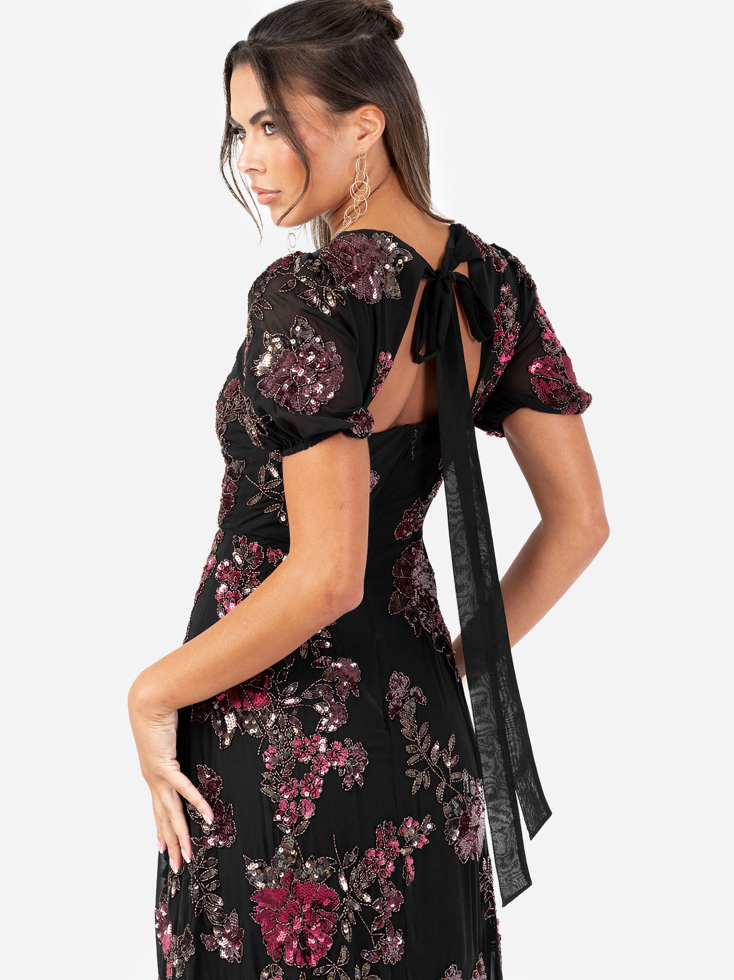 Maya Black Floral Embellished Puff Sleeve & Open Back Maxi Dress