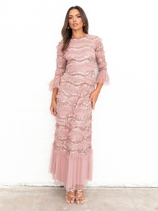 Maya Vintage Rose Embellished 3/4 Bell Sleeve Maxi Dress