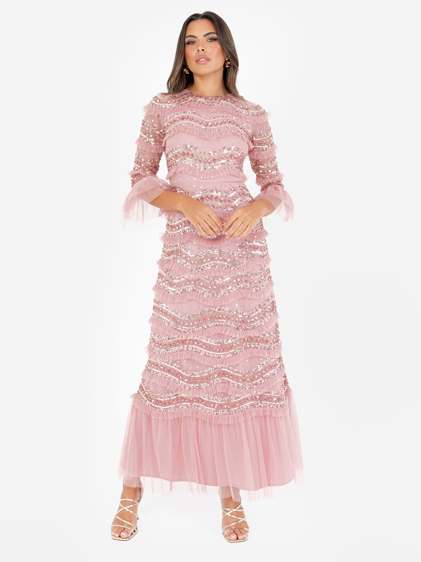 Maya Vintage Rose Embellished 3/4 Bell Sleeve Maxi Dress