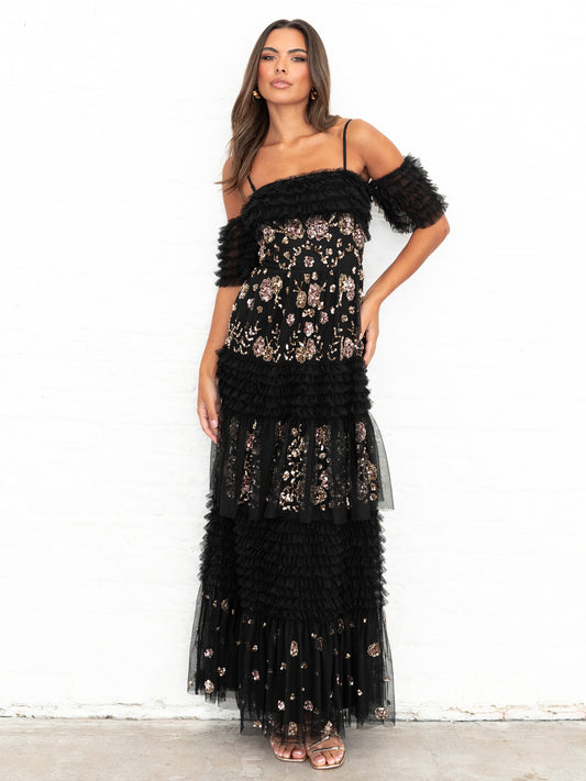 Maya Black Embellished Ruffle Bardot Maxi Dress