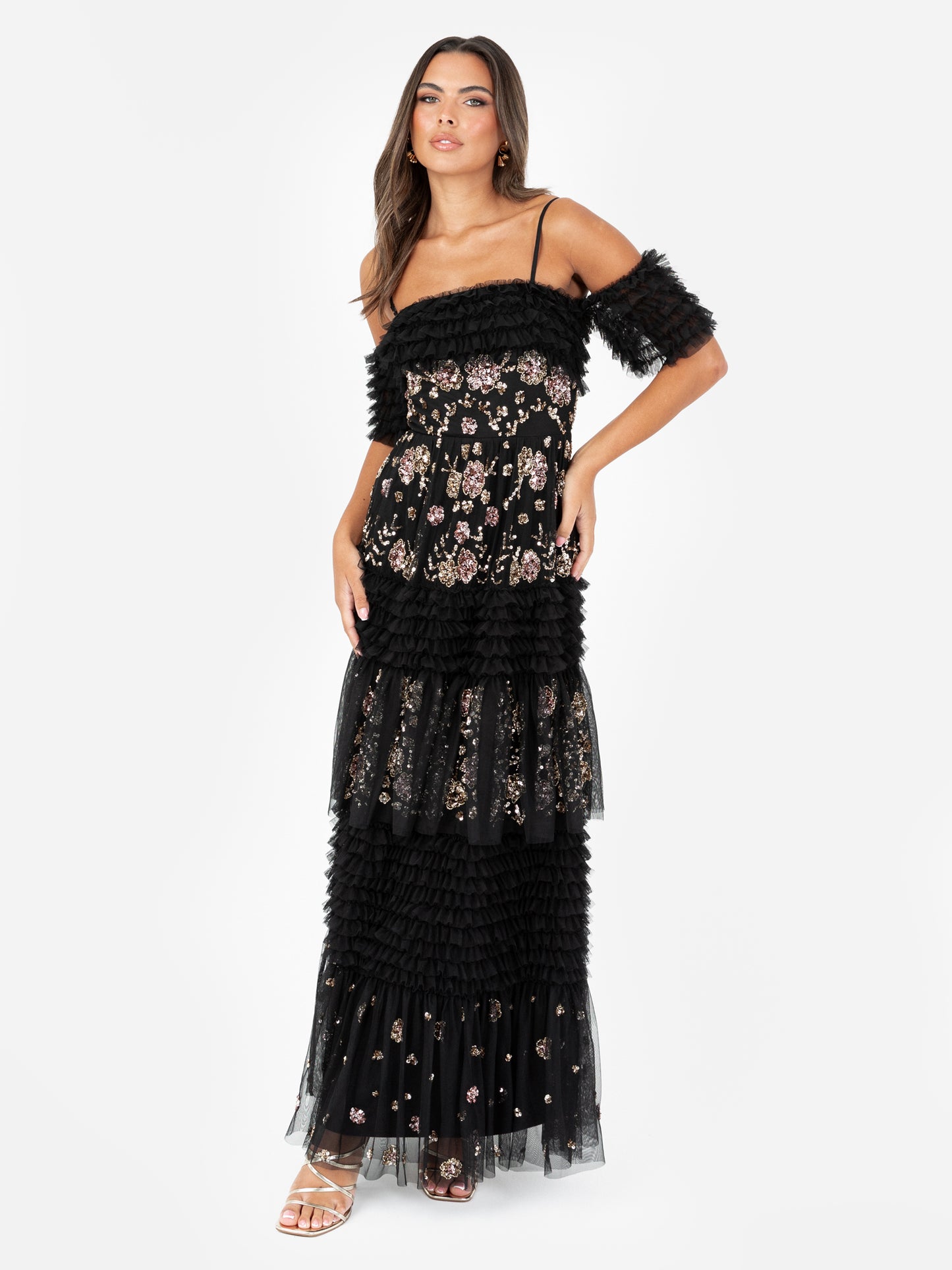 Maya Black Embellished Ruffle Bardot Maxi Dress