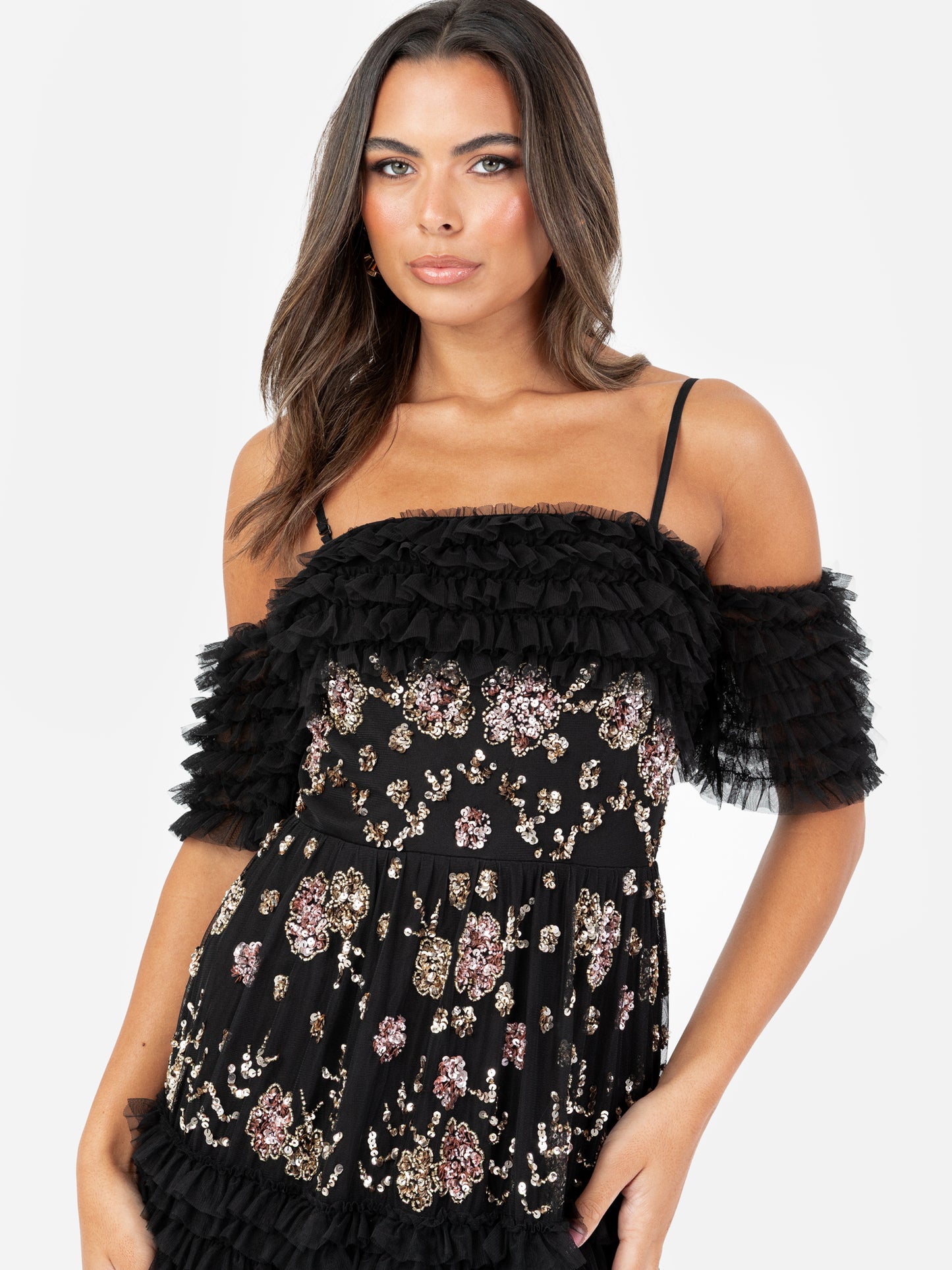 Maya Black Embellished Ruffle Bardot Maxi Dress