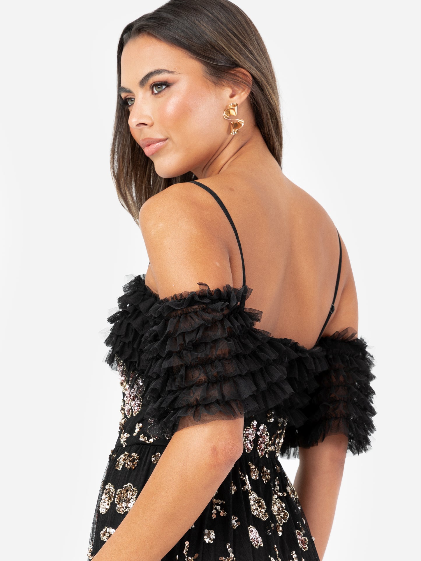 Maya Black Embellished Ruffle Bardot Maxi Dress