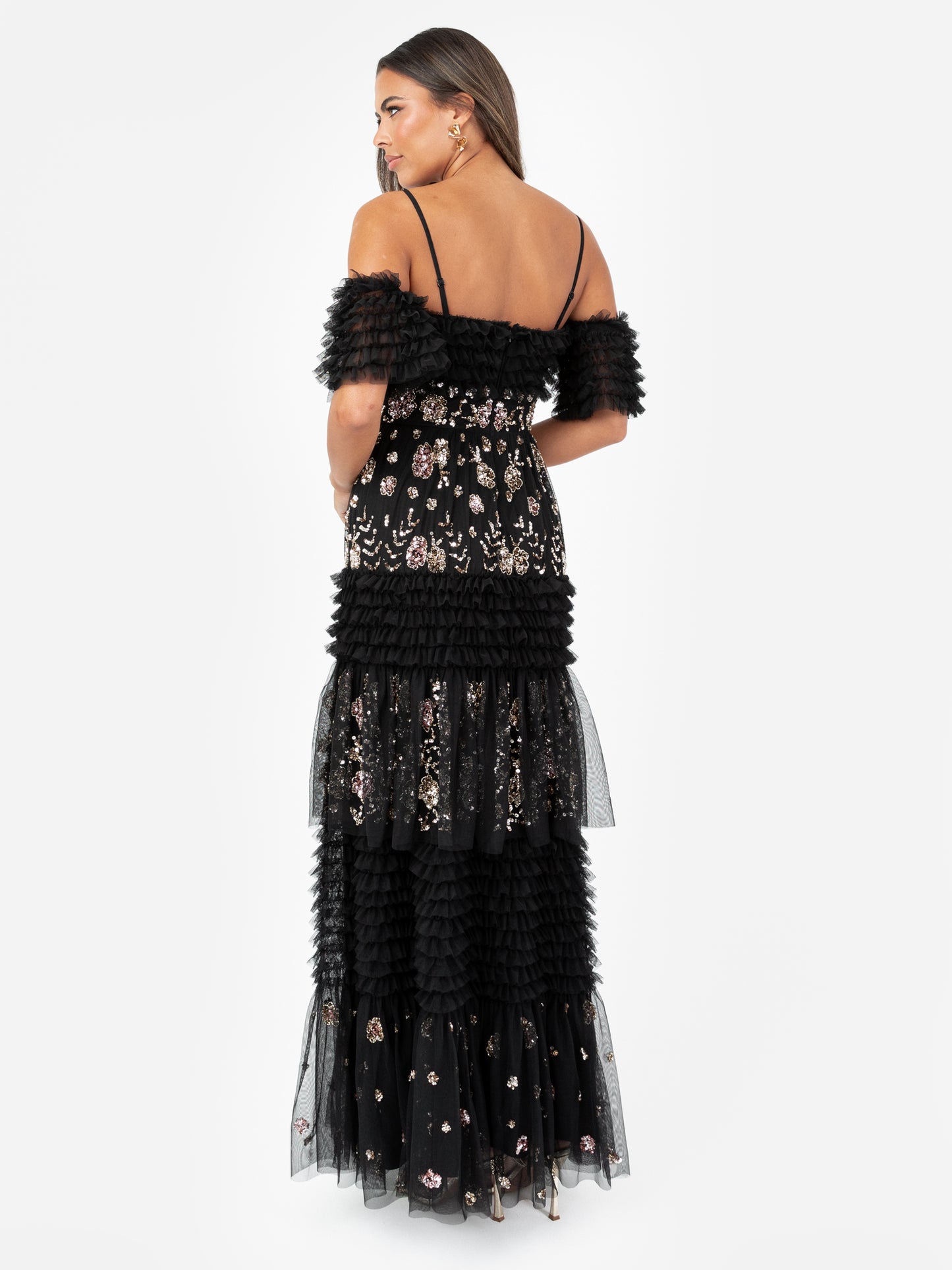 Maya Black Embellished Ruffle Bardot Maxi Dress