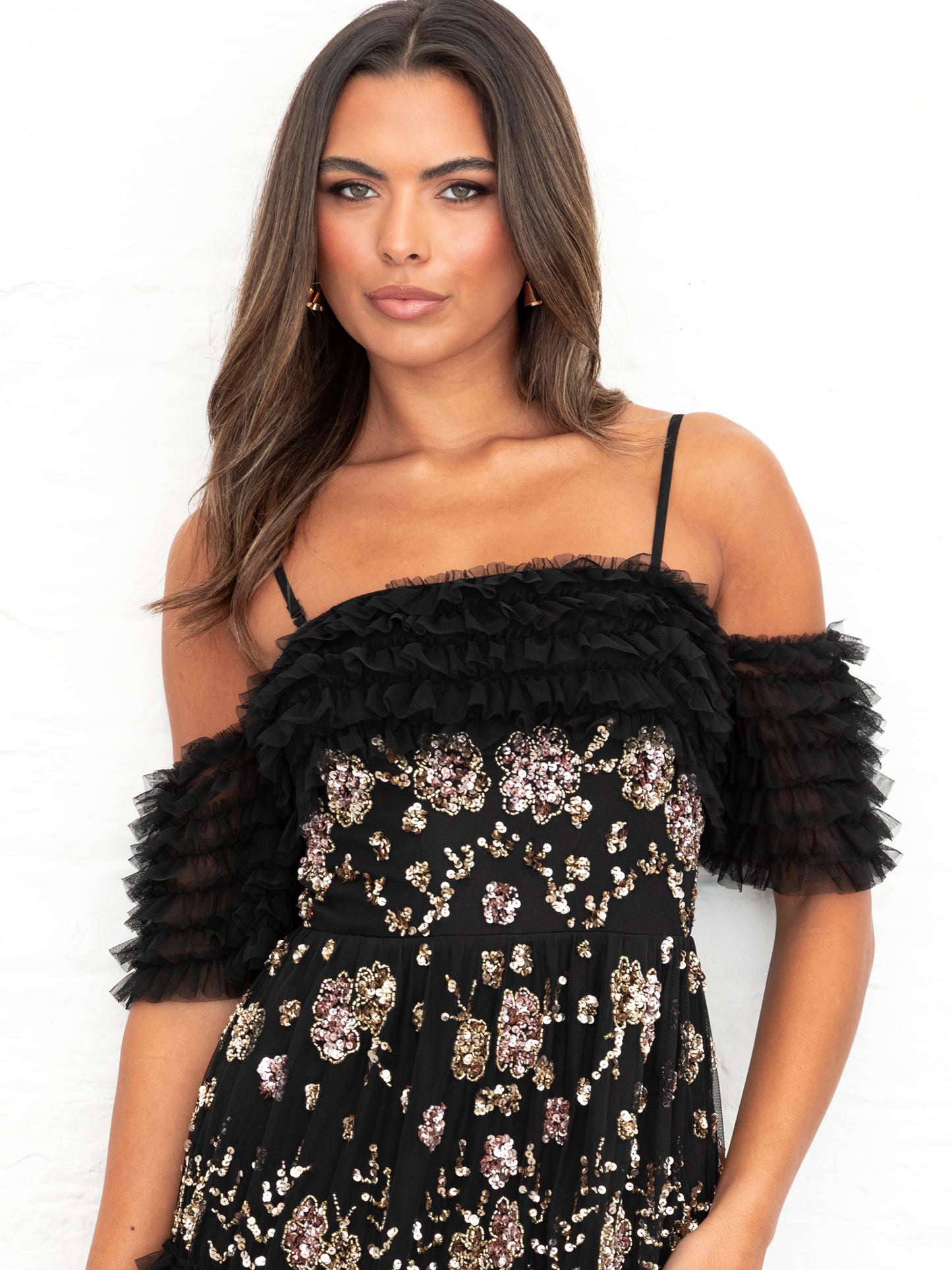 Maya Black Embellished Ruffle Bardot Maxi Dress