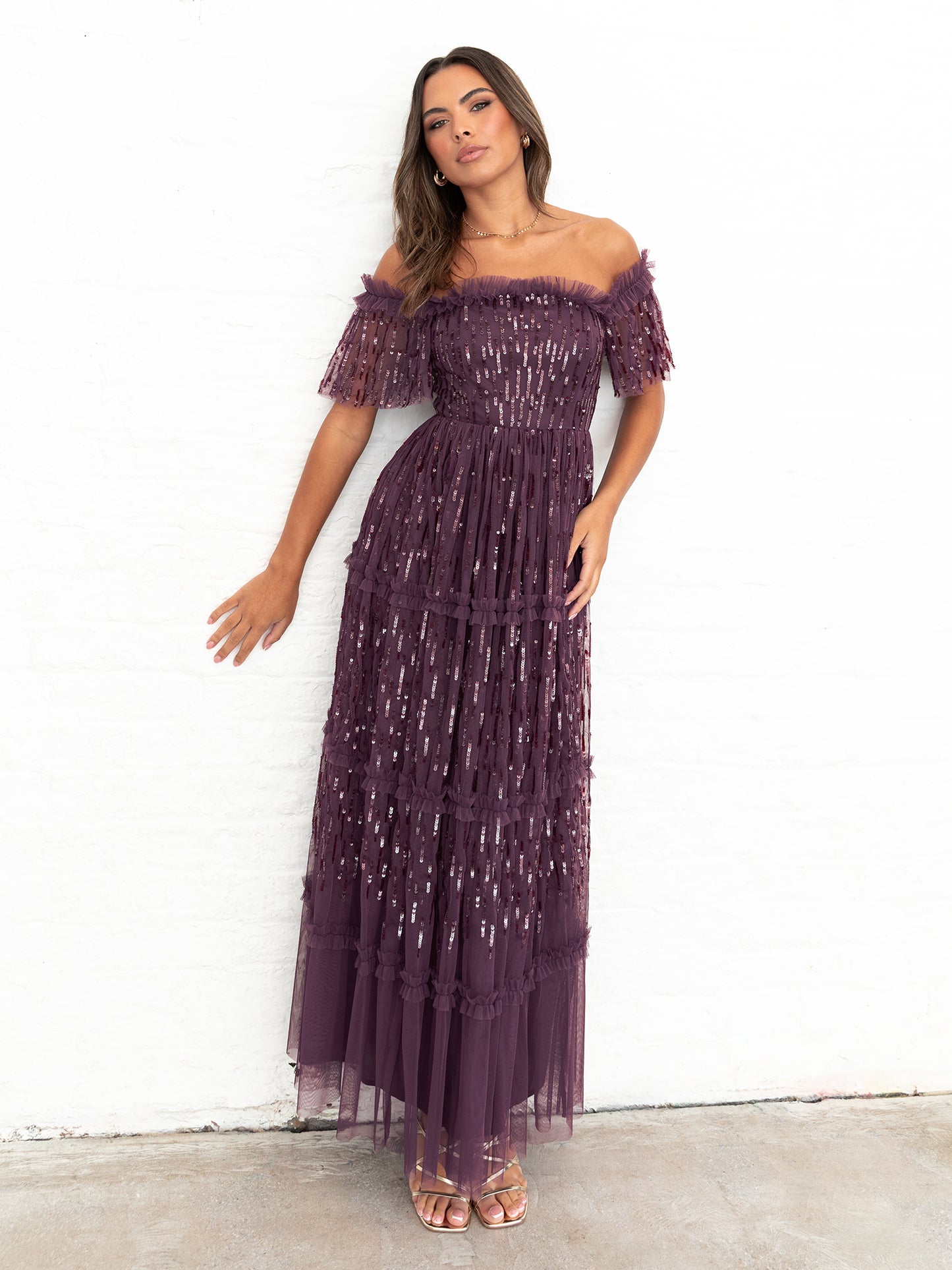 Maya Berry Linear Sequin Bardot Maxi Dress