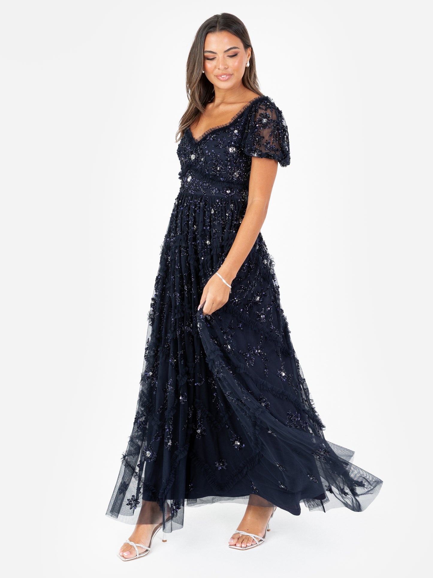 Maya Navy Floral Embellished Sweetheart Neck Maxi Dress