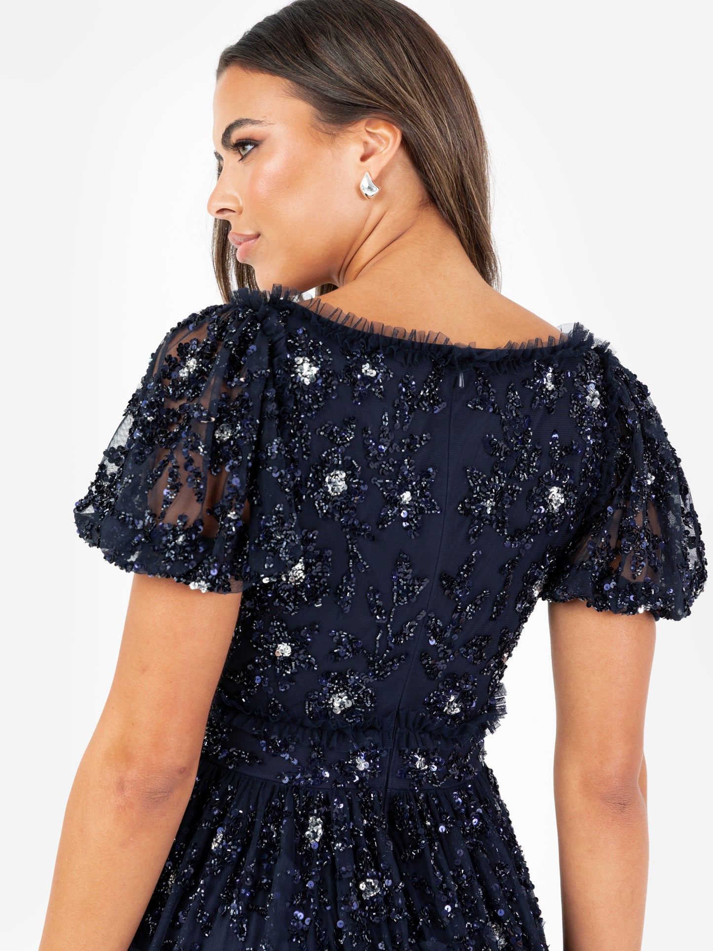 Maya Navy Floral Embellished Sweetheart Neck Maxi Dress