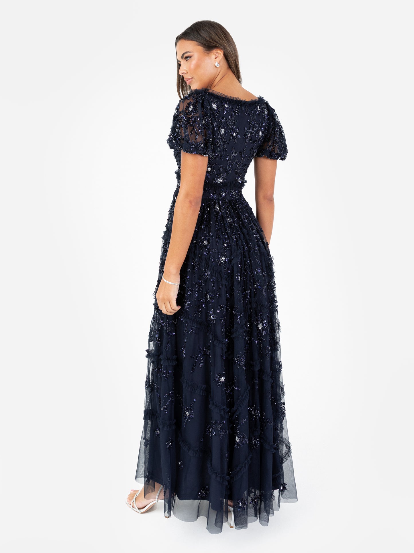 Maya Navy Floral Embellished Sweetheart Neck Maxi Dress