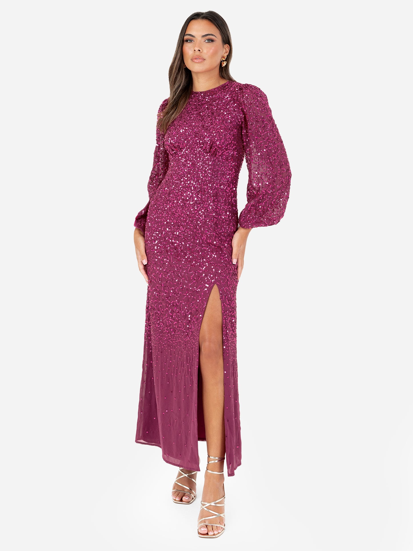 Maya Deep Pink Fully Embellished Blouson Sleeve Maxi Dress