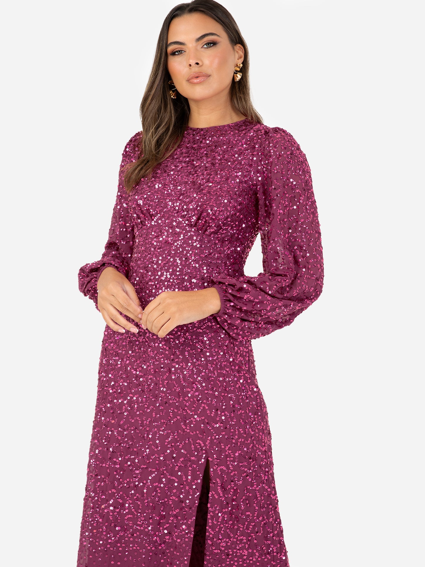 Maya Deep Pink Fully Embellished Blouson Sleeve Maxi Dress