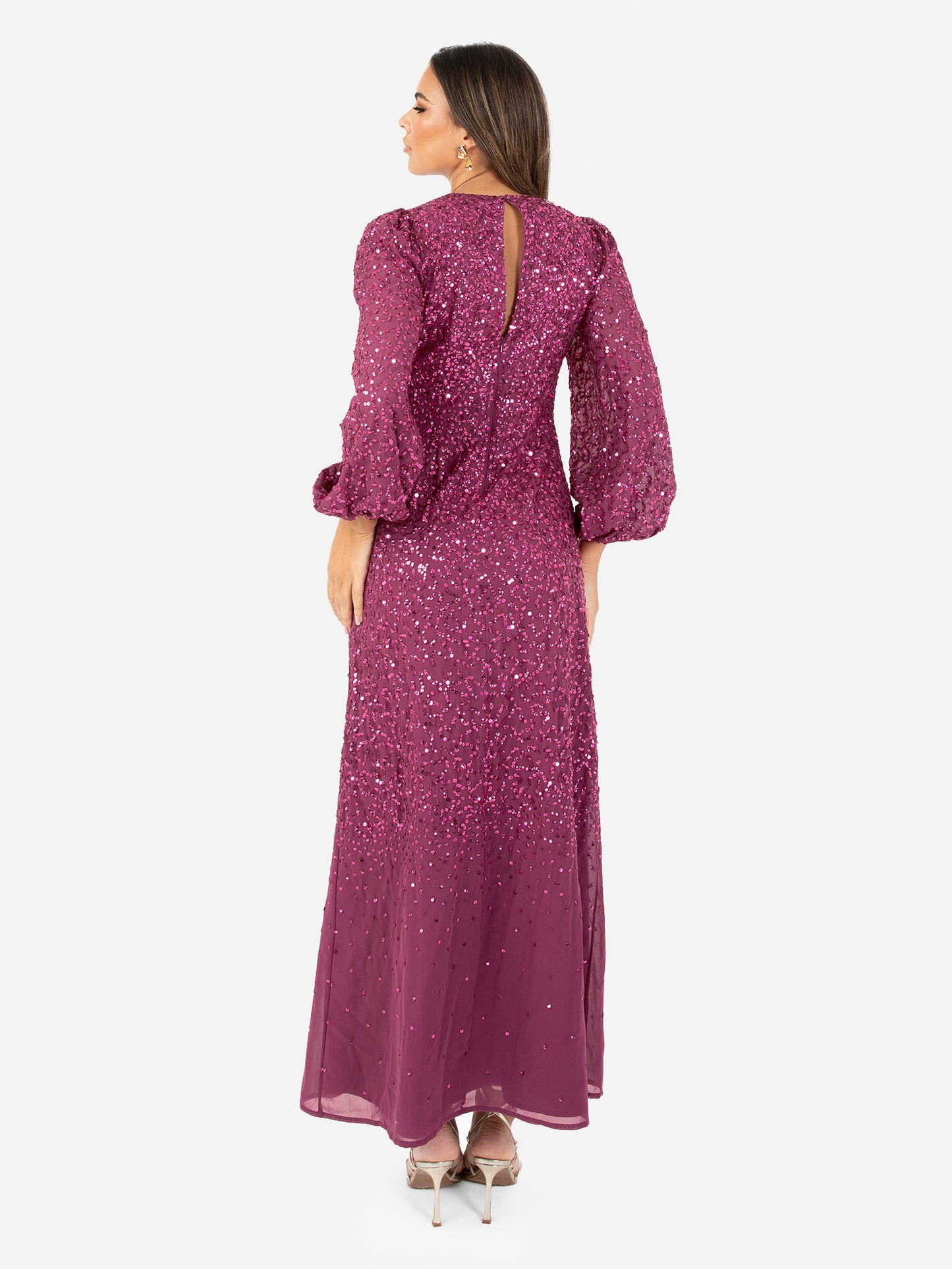 Maya Deep Pink Fully Embellished Blouson Sleeve Maxi Dress