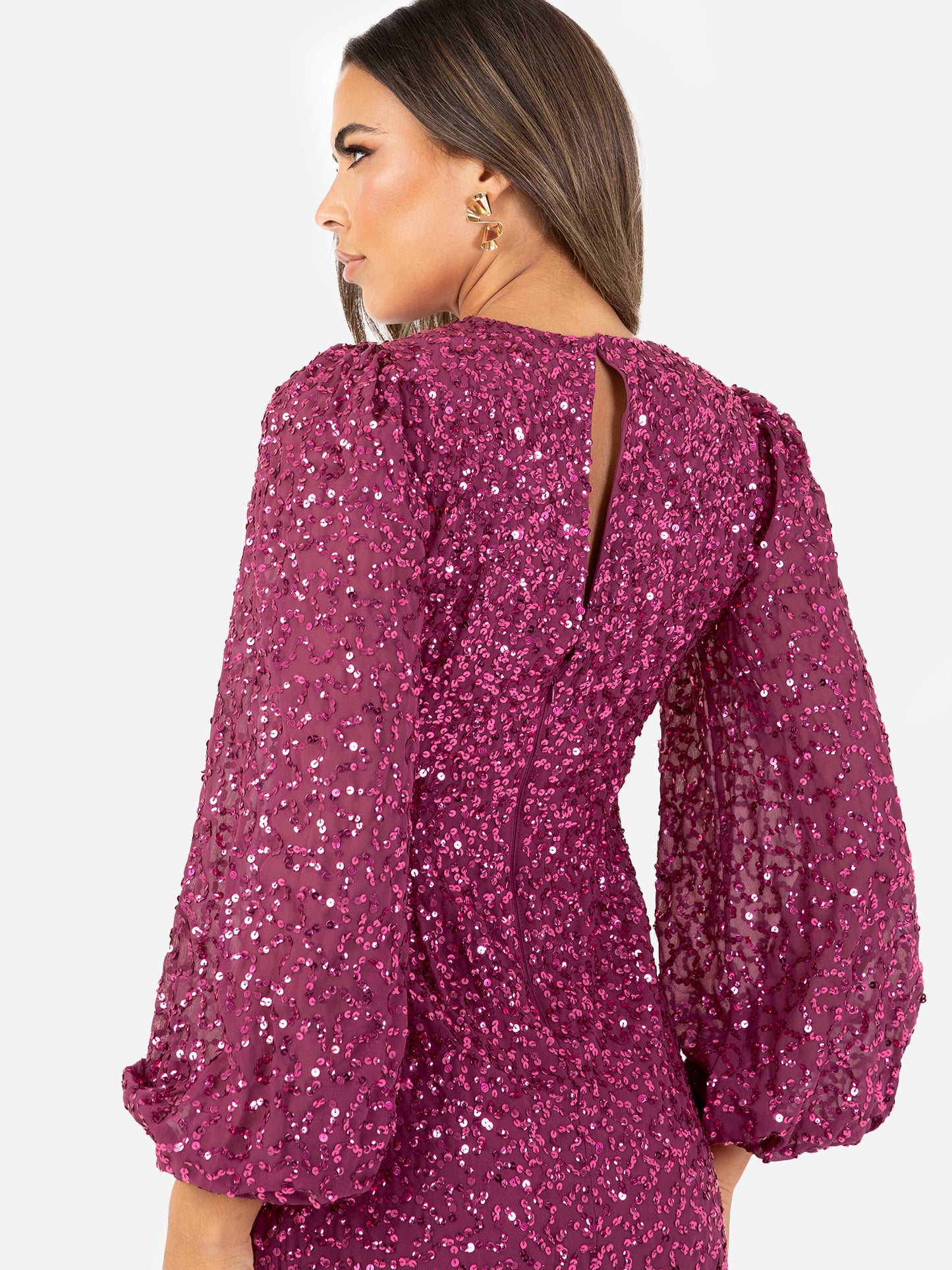 Maya Deep Pink Fully Embellished Blouson Sleeve Maxi Dress