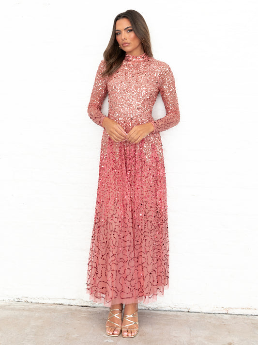 Maya Ombre Embellished High Neck Maxi Dress