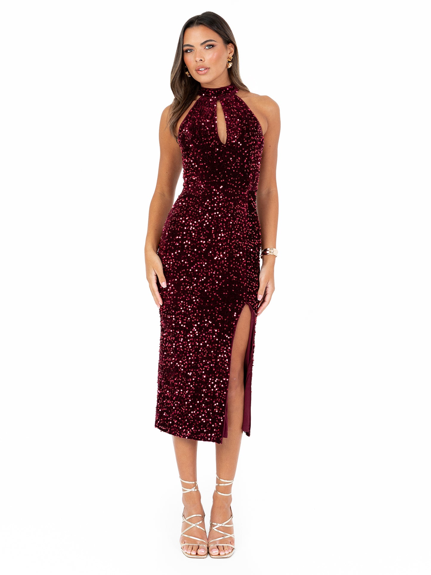 Maya Burgundy Embellished Velvet Halter Neck Midi Dress