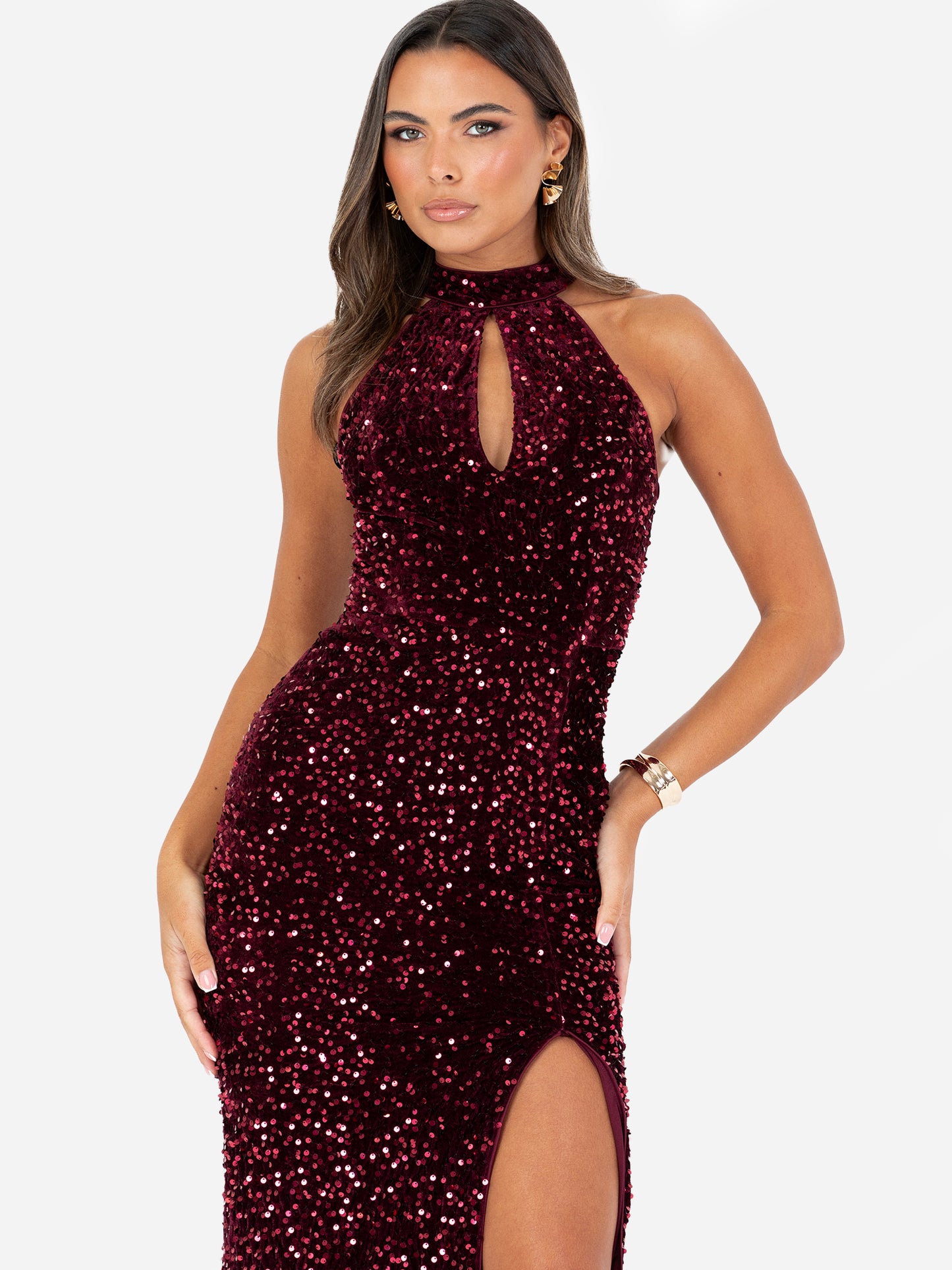 Maya Burgundy Embellished Velvet Halter Neck Midi Dress