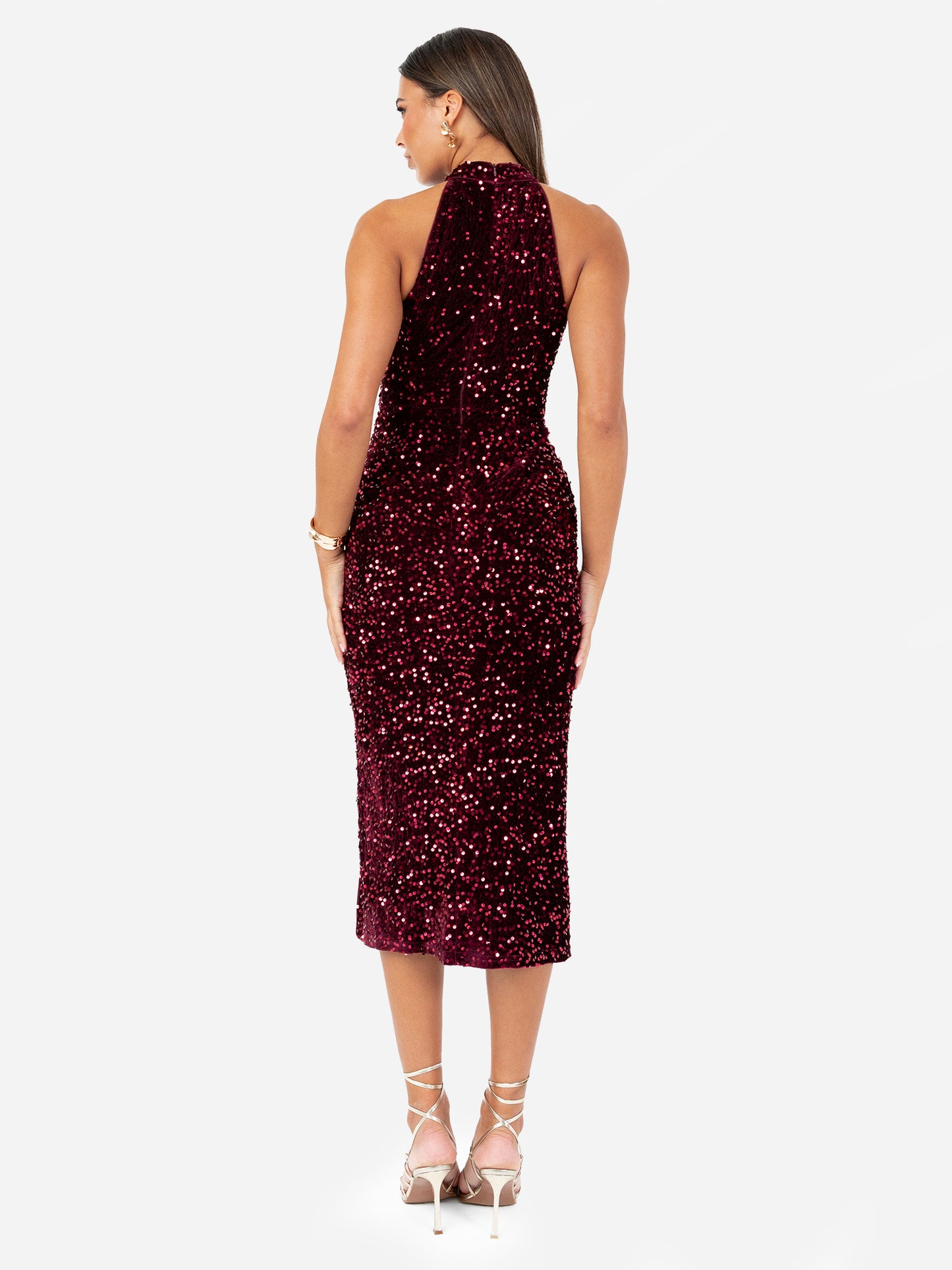 Maya Burgundy Embellished Velvet Halter Neck Midi Dress