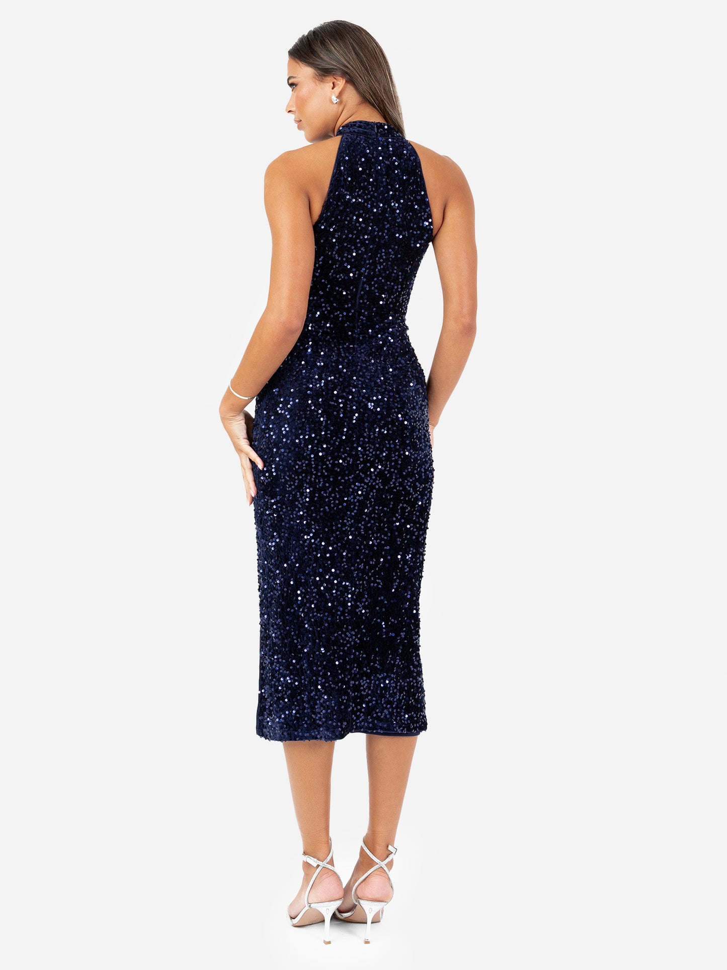 Maya Midnight Blue Embellished Velvet Halter Neck Midi Dress
