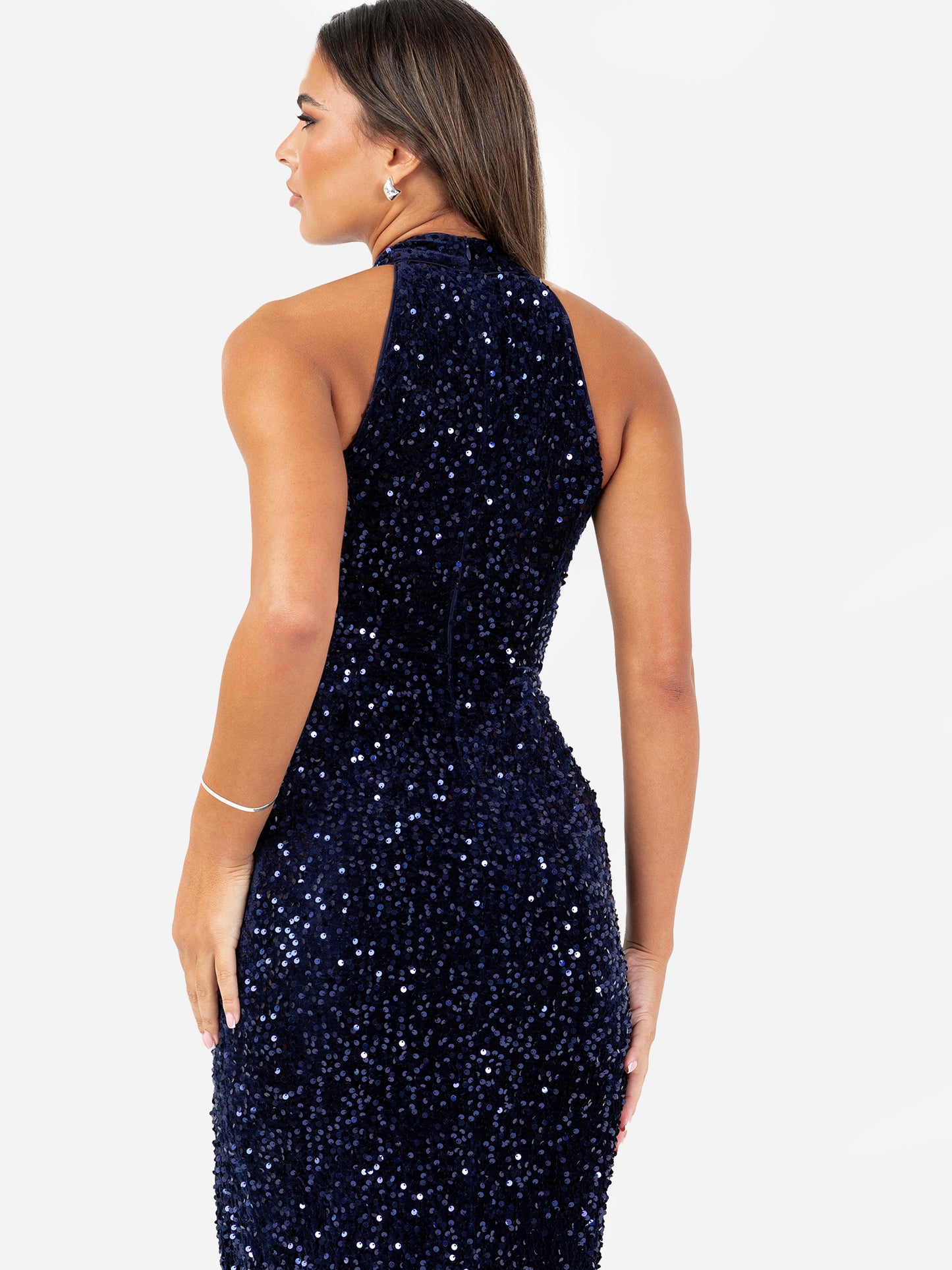 Maya Midnight Blue Embellished Velvet Halter Neck Midi Dress