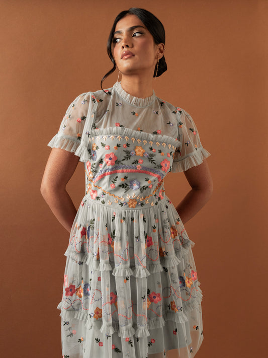 Maya Floral Embroidered Short Sleeve High Neck Mini Dress