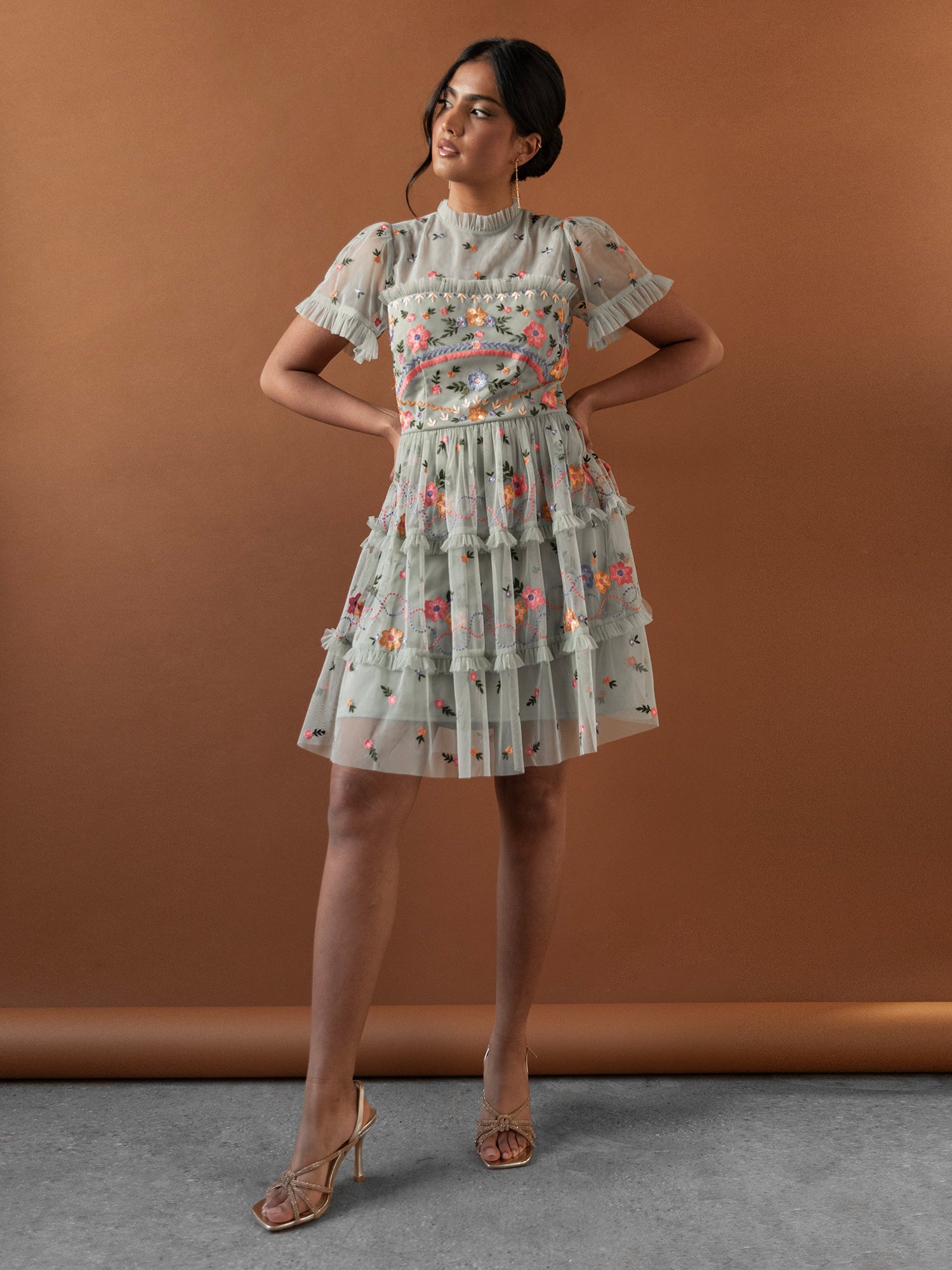 Maya Floral Embroidered Short Sleeve High Neck Mini Dress Maya Deluxe Maya Floral Embroidered Short Sleeve High Neck Mini Dress Maya Deluxe