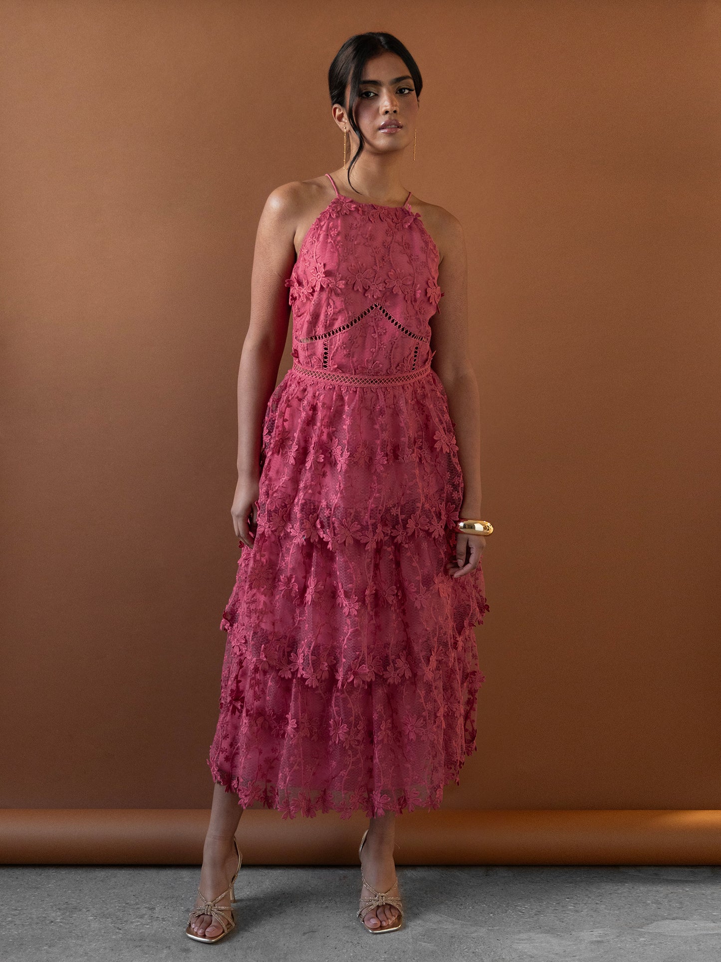 Maya Pink Halter Neck 3D Floral Tiered Midi Dress