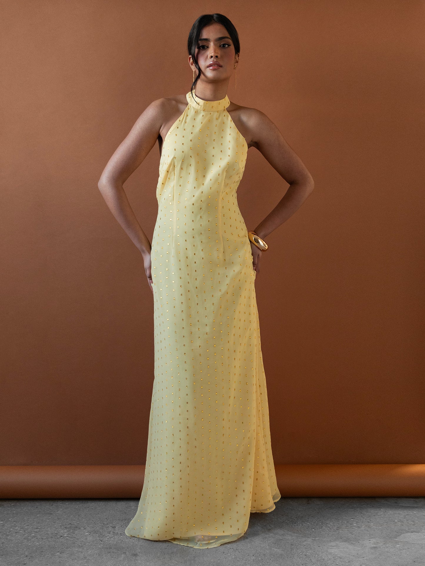Anaya With Love Recycled Gold Detail Halter Neck & Open Back Yellow Maxi Dress