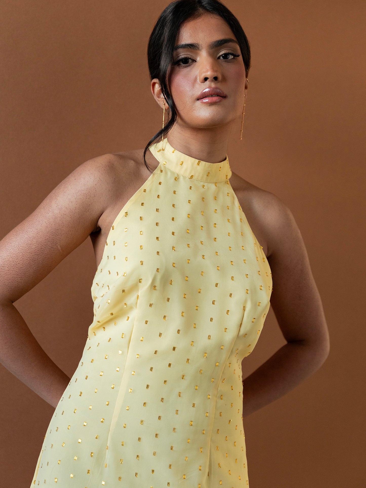 Anaya With Love Recycled Gold Detail Halter Neck & Open Back Yellow Maxi Dress