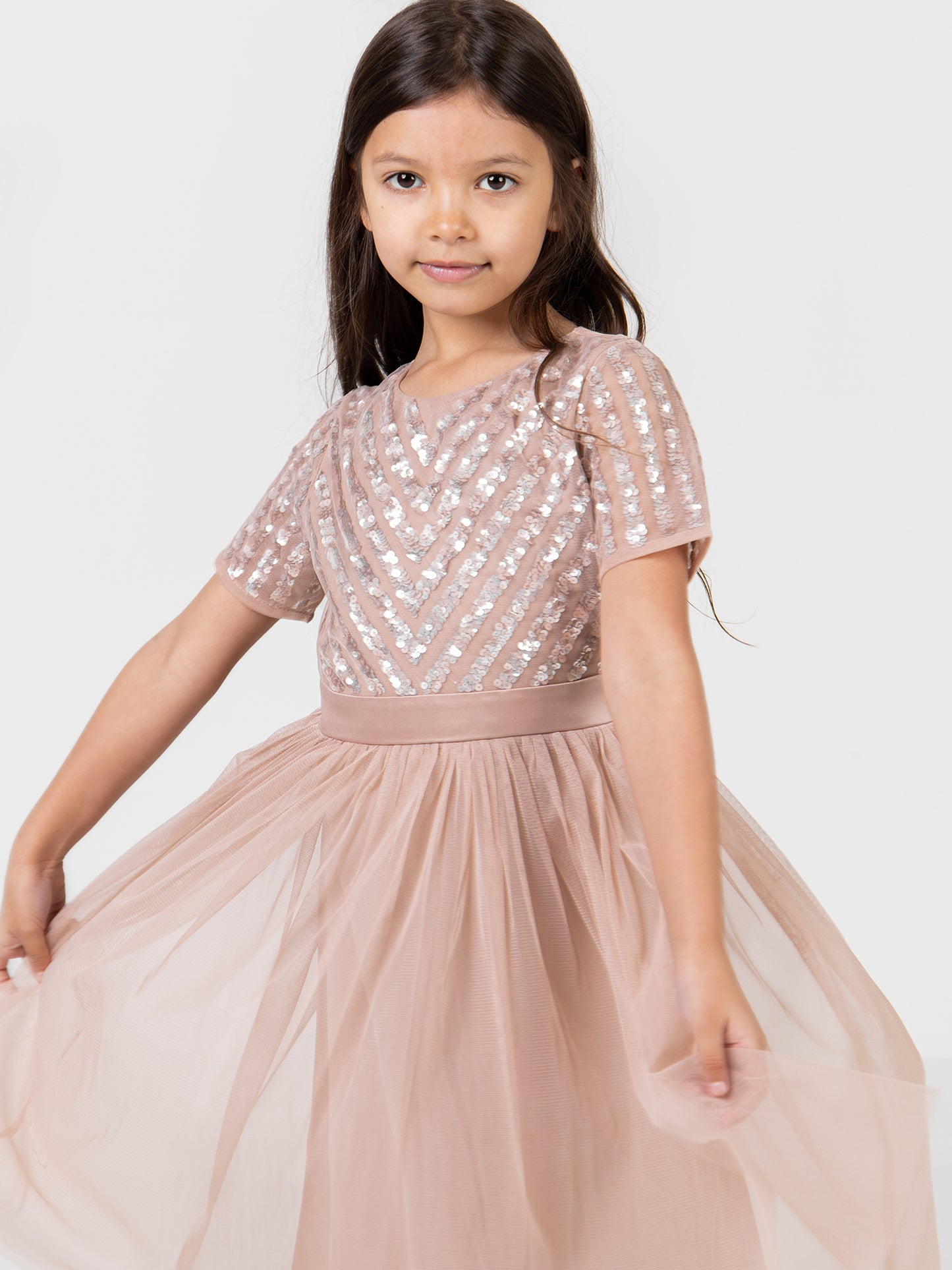 Mini Maya Taupe Blush Stripe Embellished Midi Dress With Bow