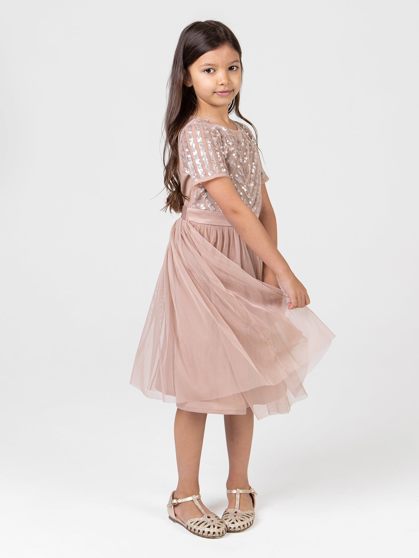 Mini Maya Taupe Blush Stripe Embellished Midi Dress With Bow