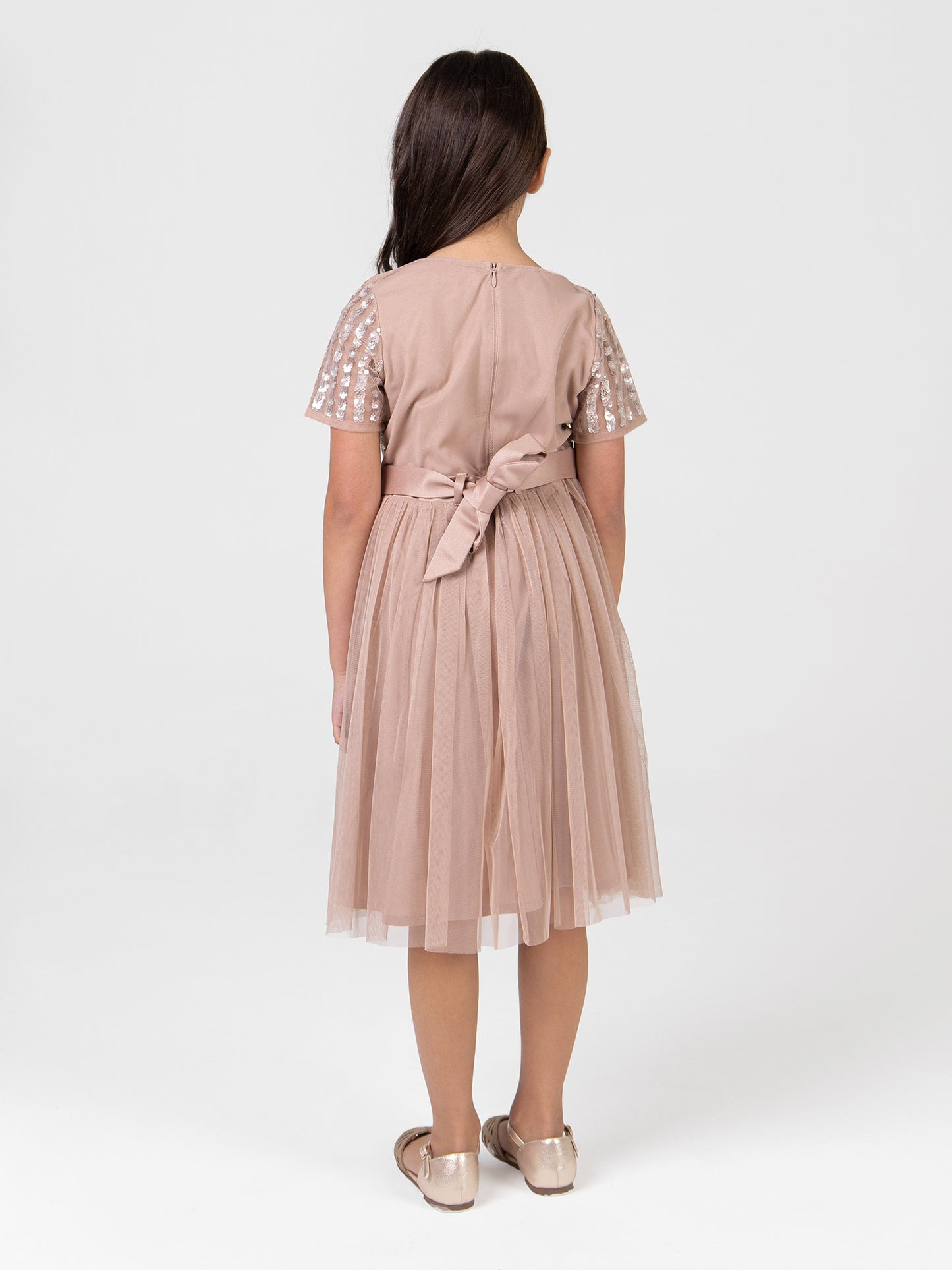 Mini Maya Taupe Blush Stripe Embellished Midi Dress With Bow