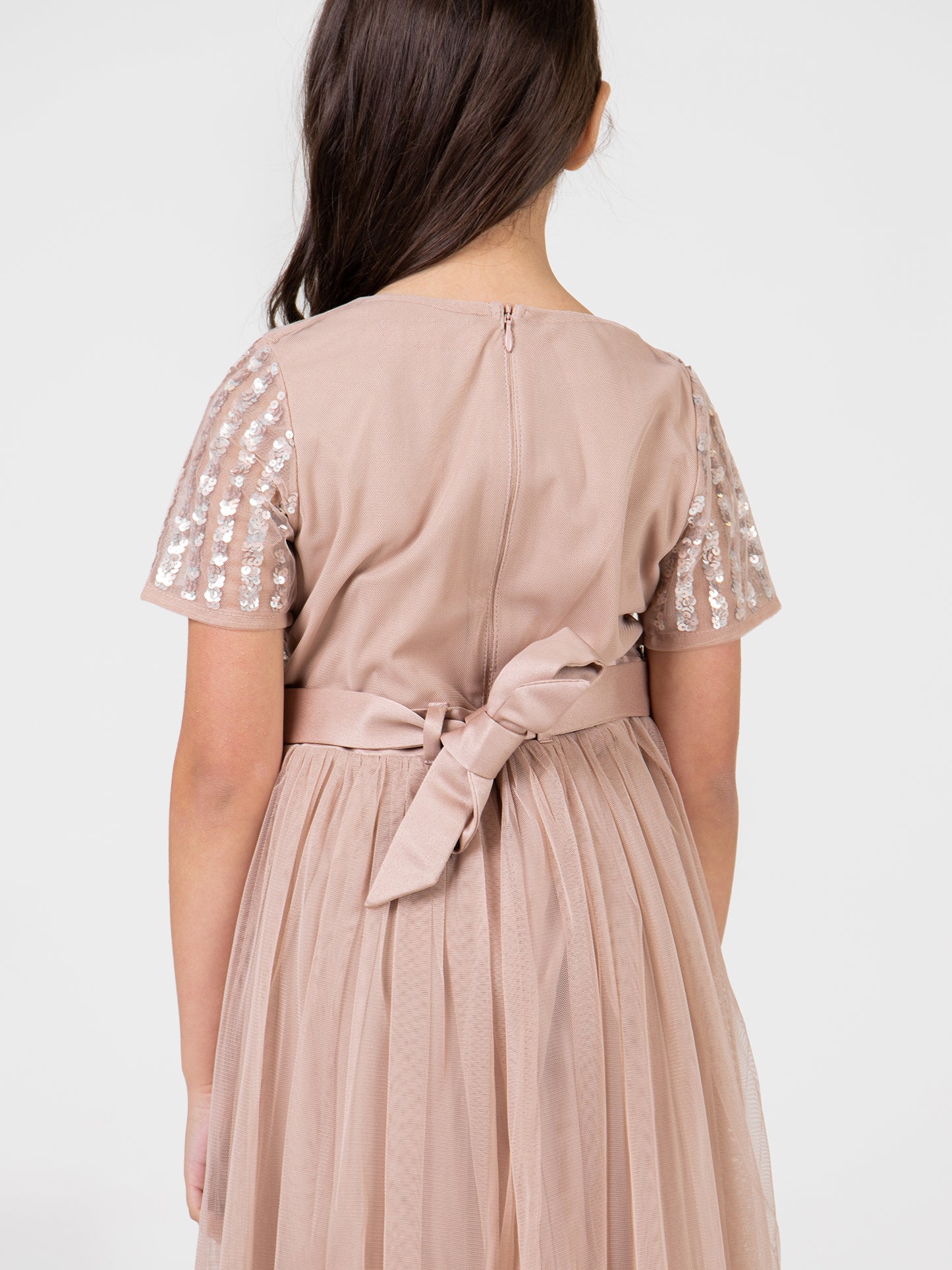 Mini Maya Taupe Blush Stripe Embellished Midi Dress With Bow