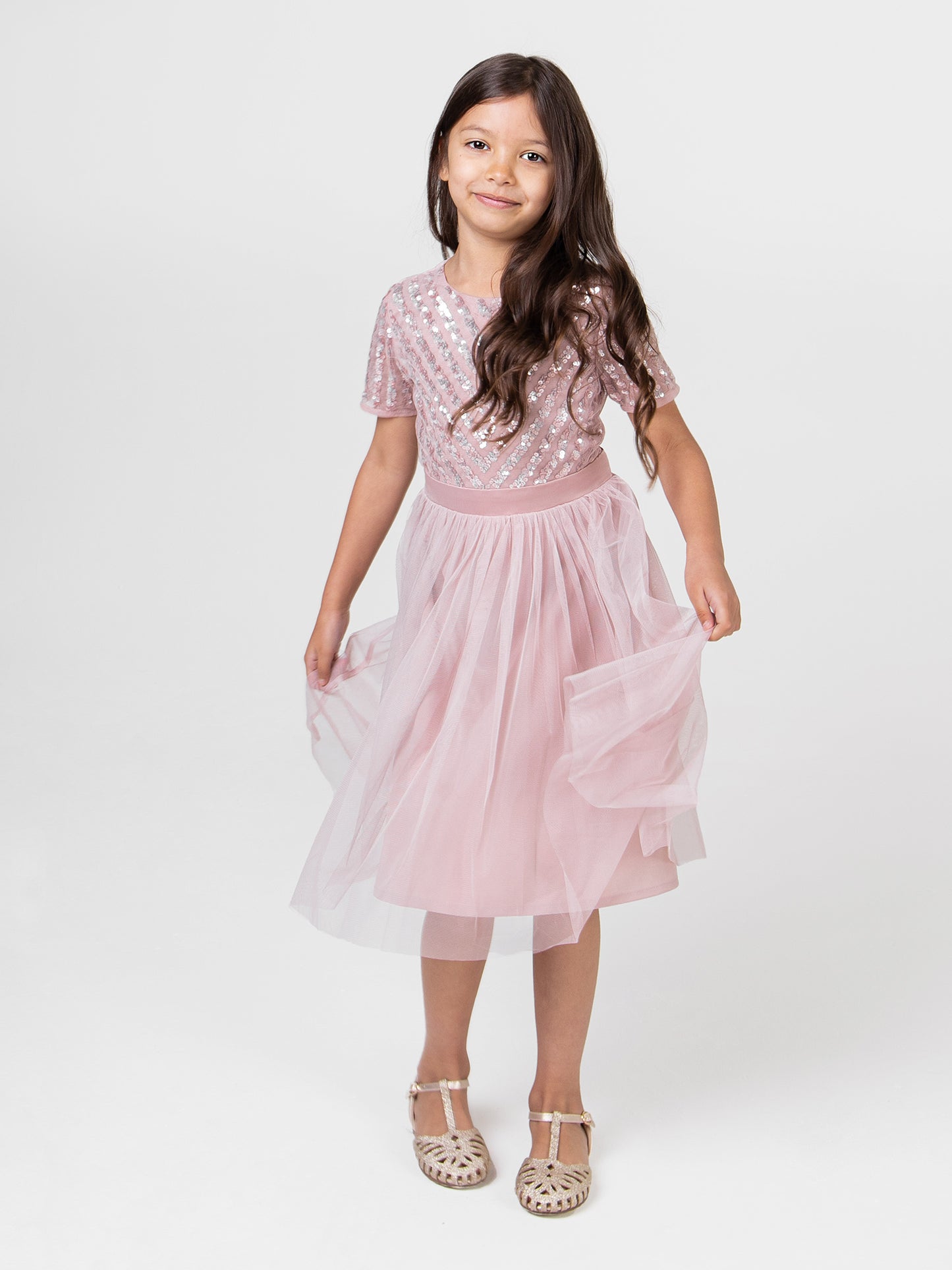 Mini Maya Frosted Pink Stripe Embellished Midi Dress With Bow