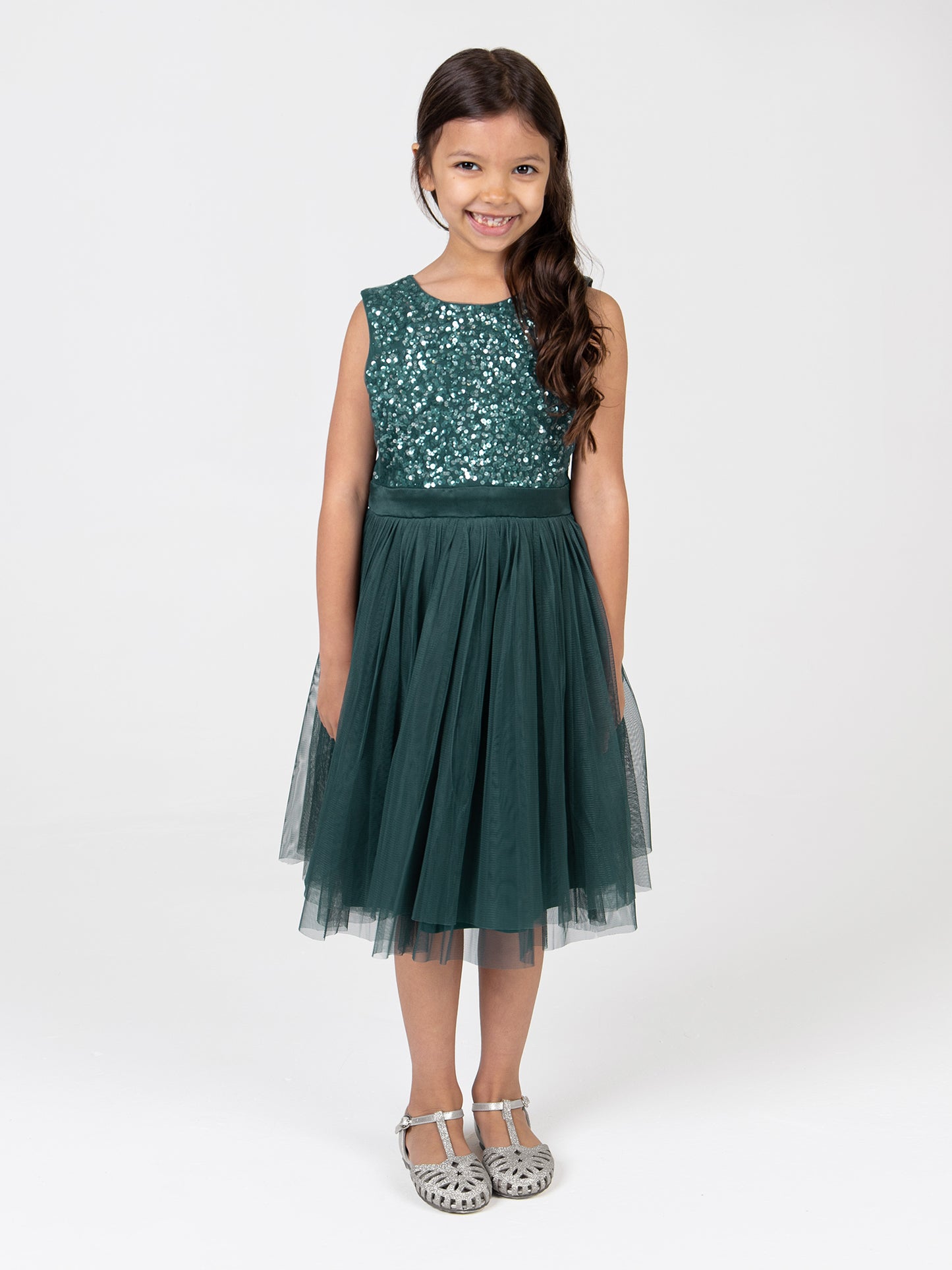 Mini Maya Emerald Green Delicate Sequin Midi Dress With Bow