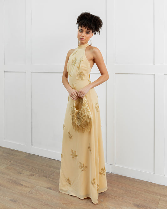 Maya Buttercream Embellished Halter Neck & Open Back Maxi Dress