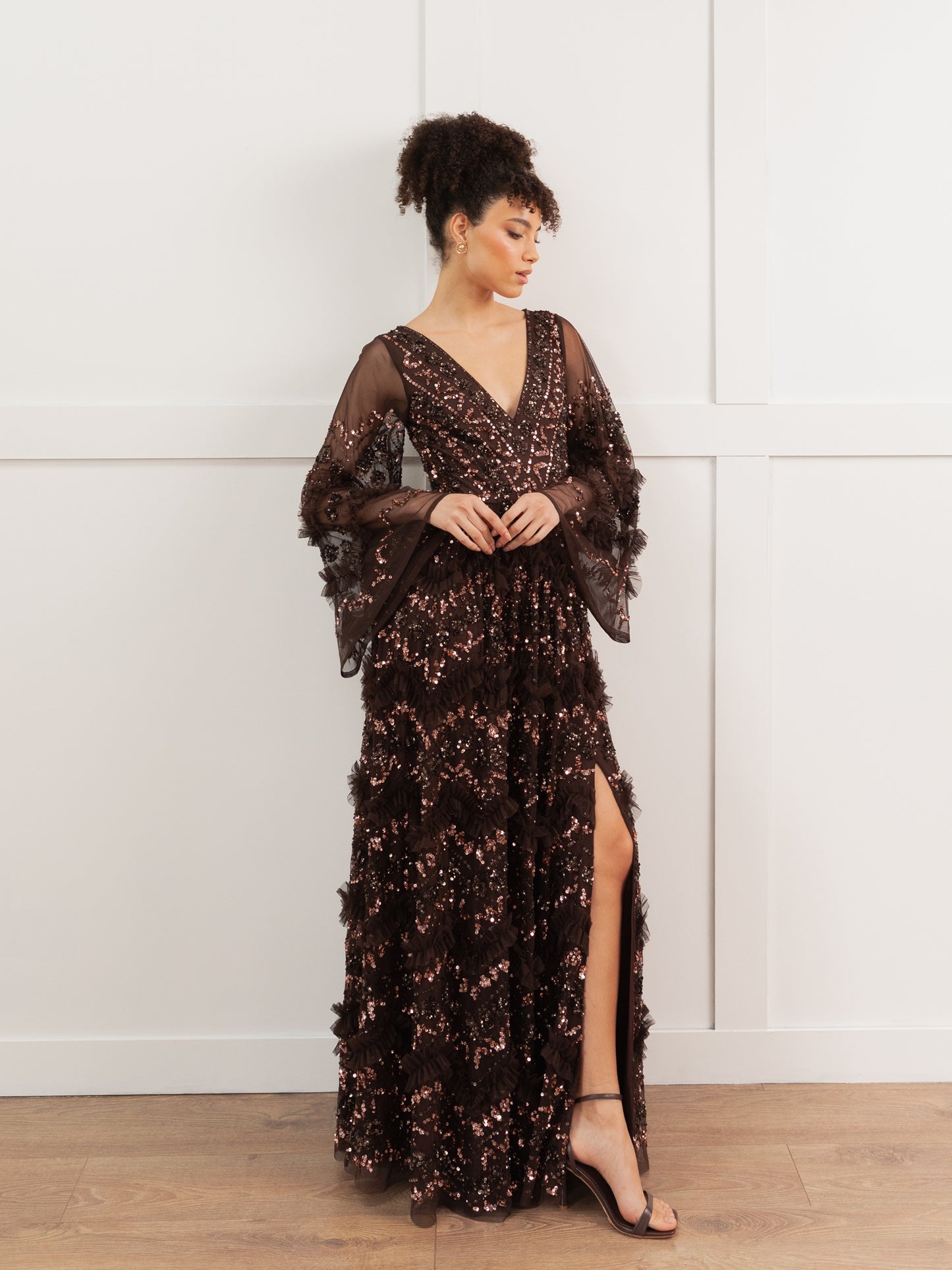 Maya Chocolate Fully Embellished Maxi Dress with Frill Detail