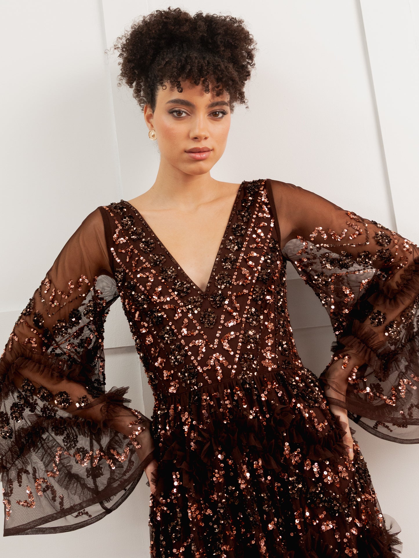 Maya Chocolate Fully Embellished Maxi Dress with Frill Detail