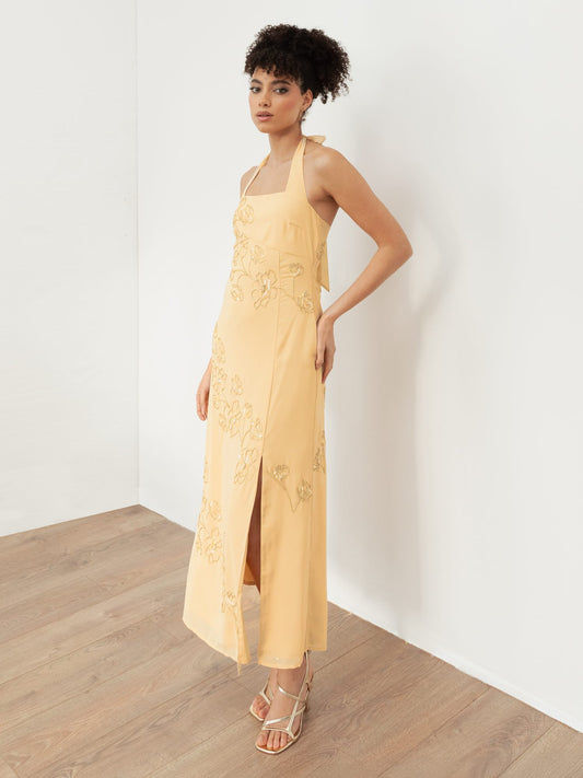 Maya Buttercream Floral Motif Halter Neck Midaxi Dress