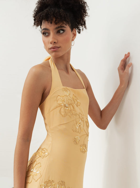 Maya Buttercream Floral Motif Halter Neck Midaxi Dress