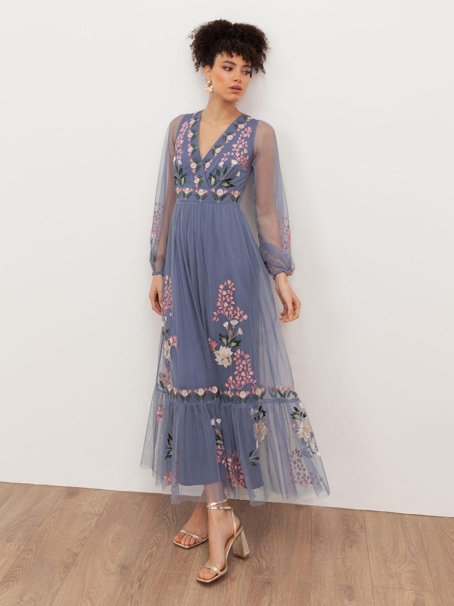 Maya Infinity Blue Embroidered Faux Wrap Maxi Sleeve Midaxi Dress