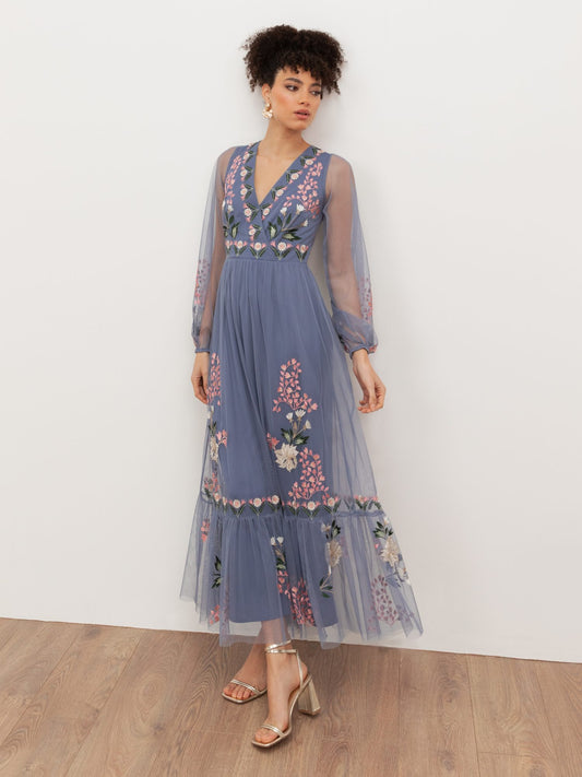 Maya Infinity Blue Embroidered Faux Wrap Maxi Sleeve Midaxi Dress
