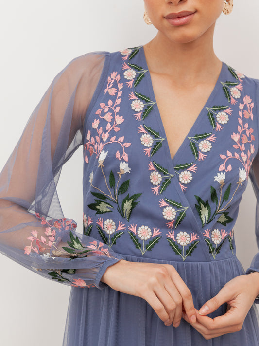 Maya Infinity Blue Embroidered Faux Wrap Maxi Sleeve Midaxi Dress