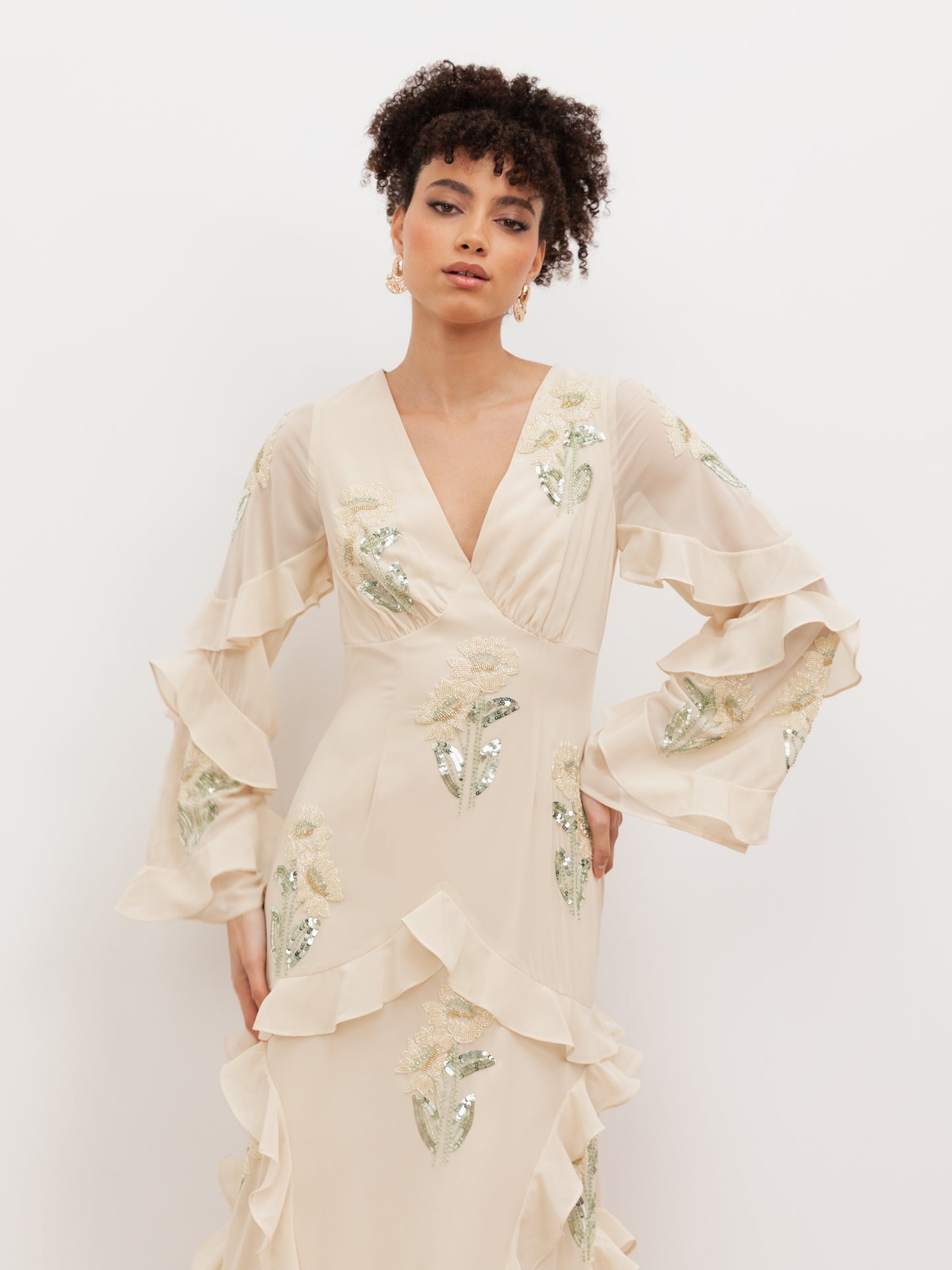 Maya Vanilla Embellished Maxi Sleeve Ruffle Maxi Dress