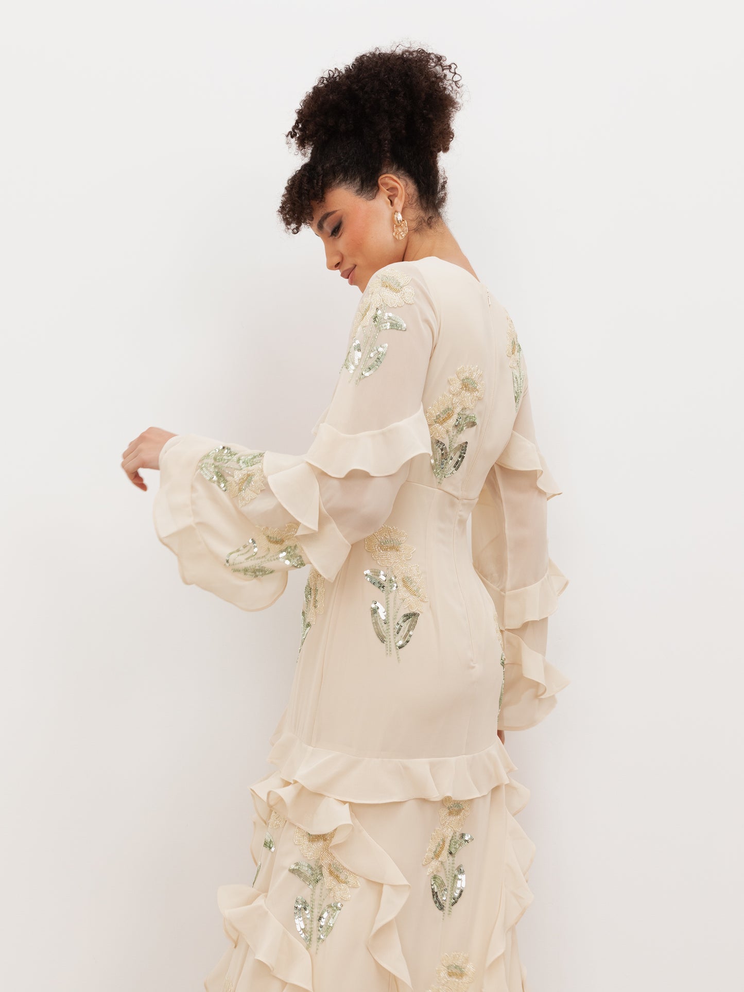 Maya Vanilla Embellished Maxi Sleeve Ruffle Maxi Dress